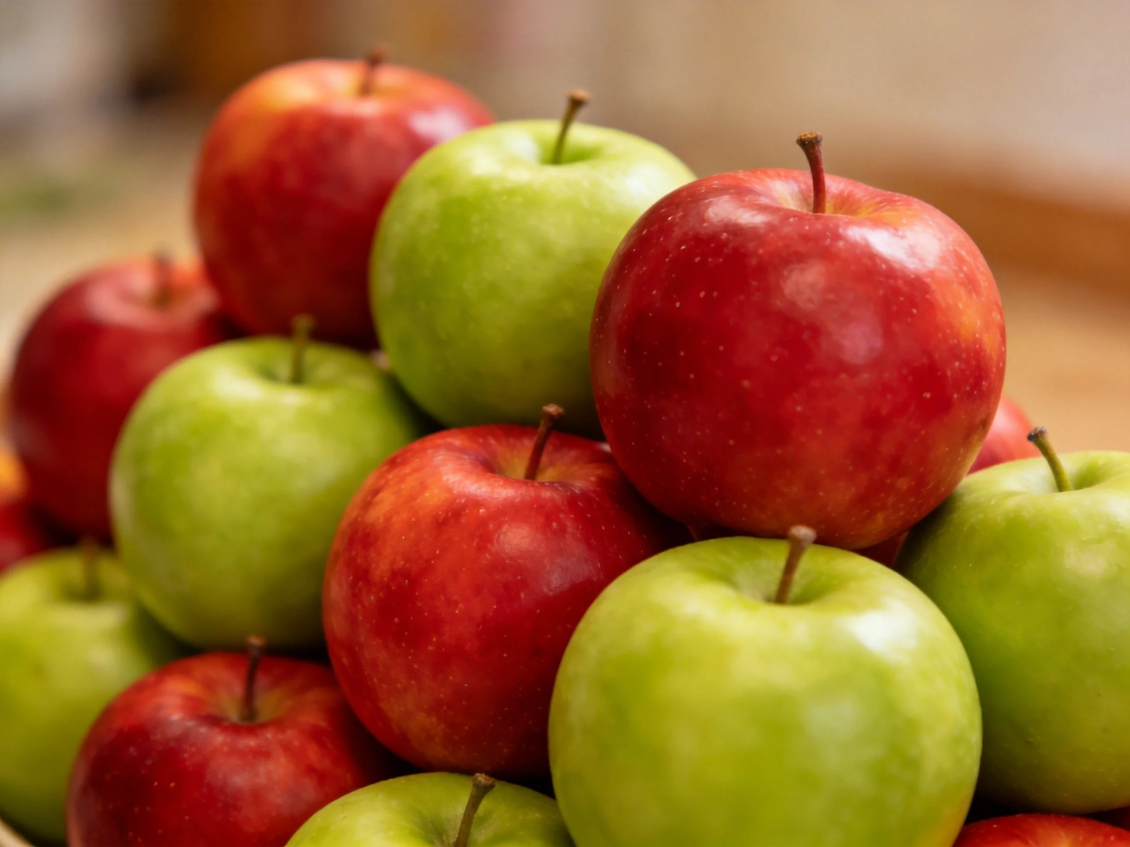 Vibrant red and green apple stack arranged in a pyramid formation