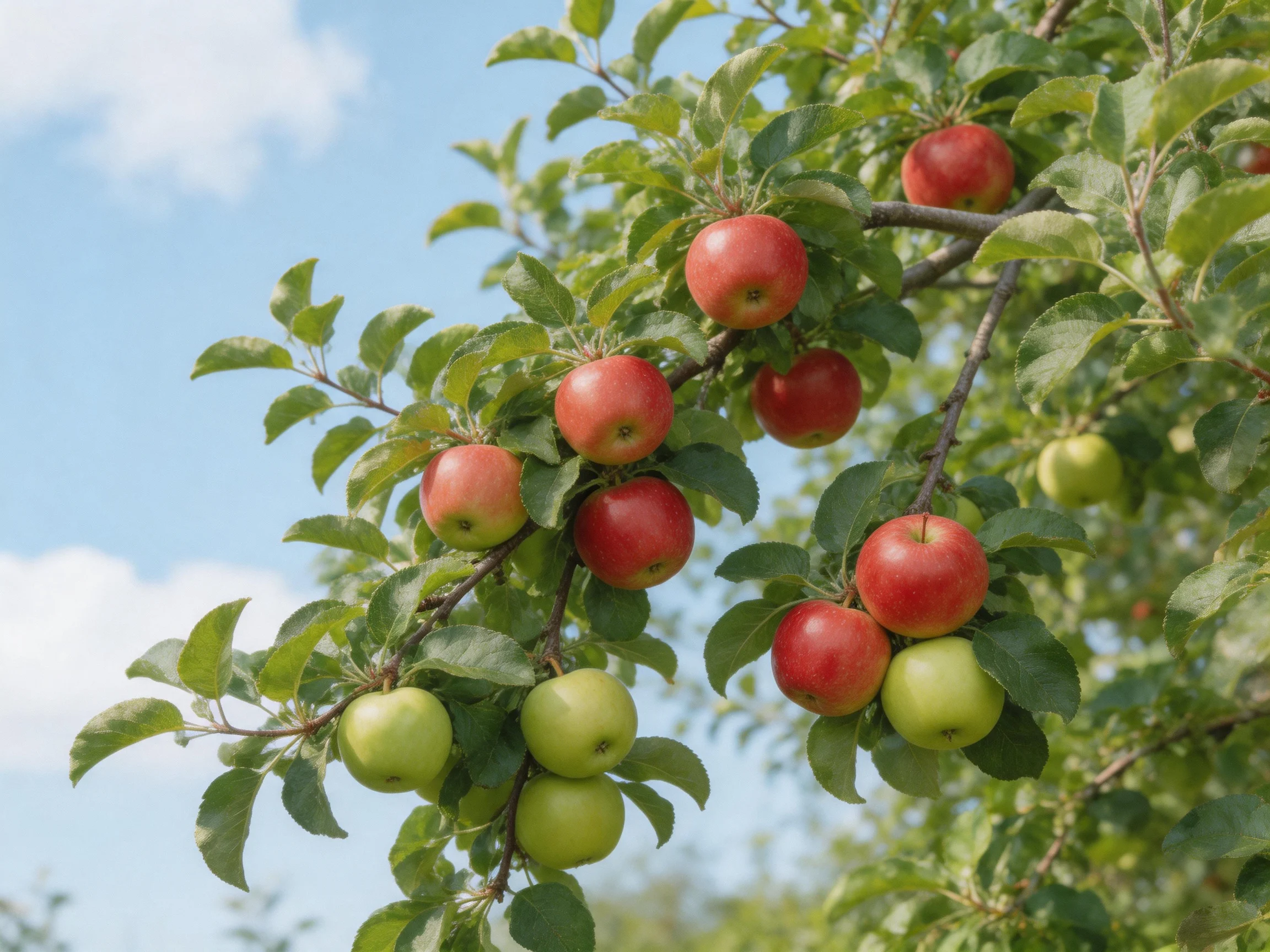 Vibrant red and green apples abundant on a leafy apple tree branch