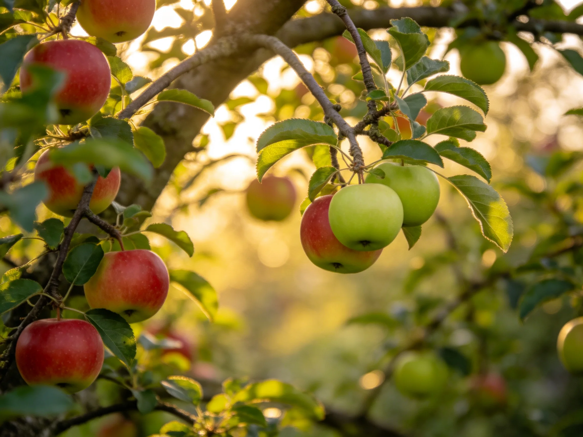 Vibrant red and green apples hang from sunlit tree branches