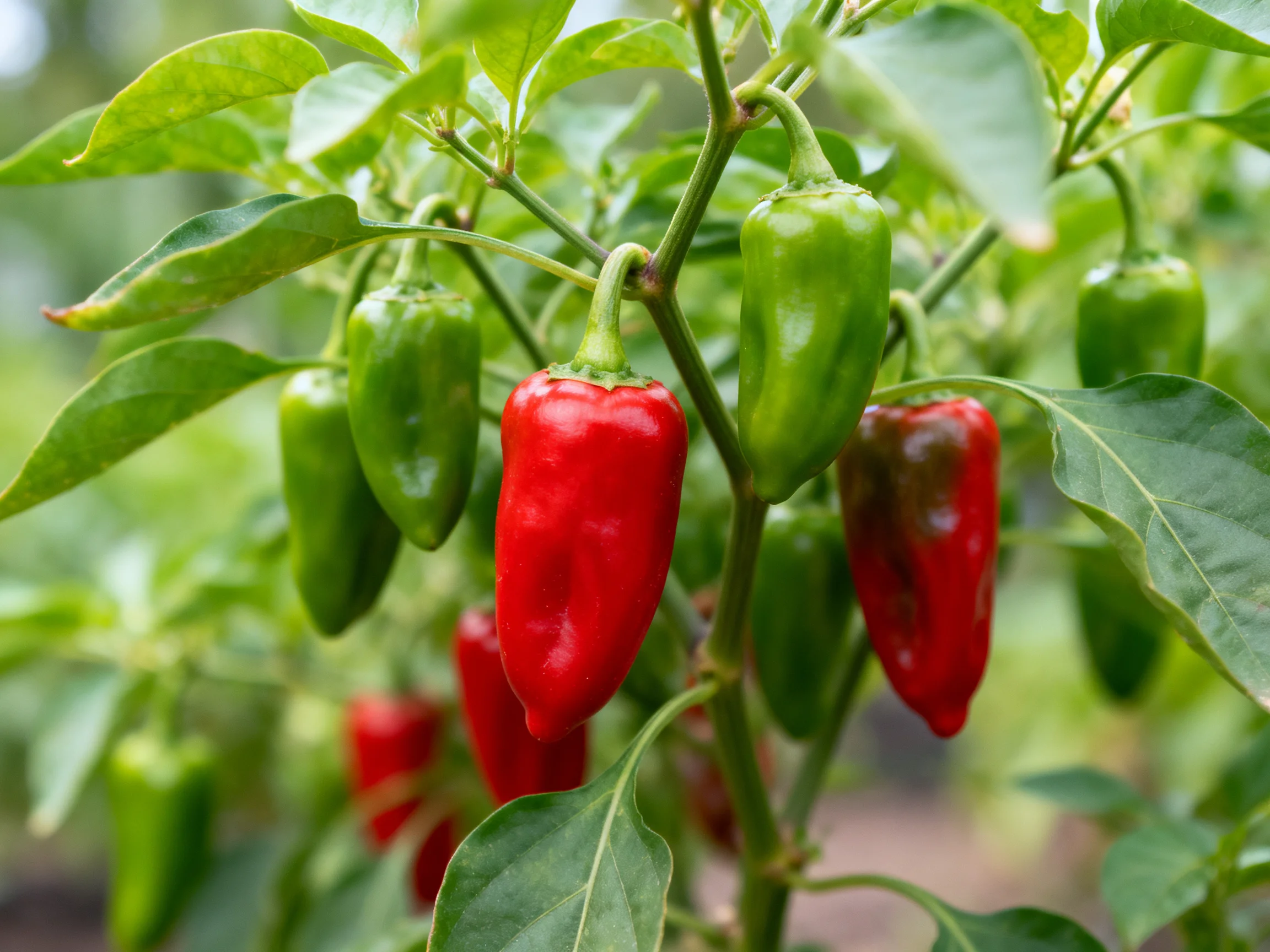 Vibrant red and green chili peppers ripening on lush green foliage
