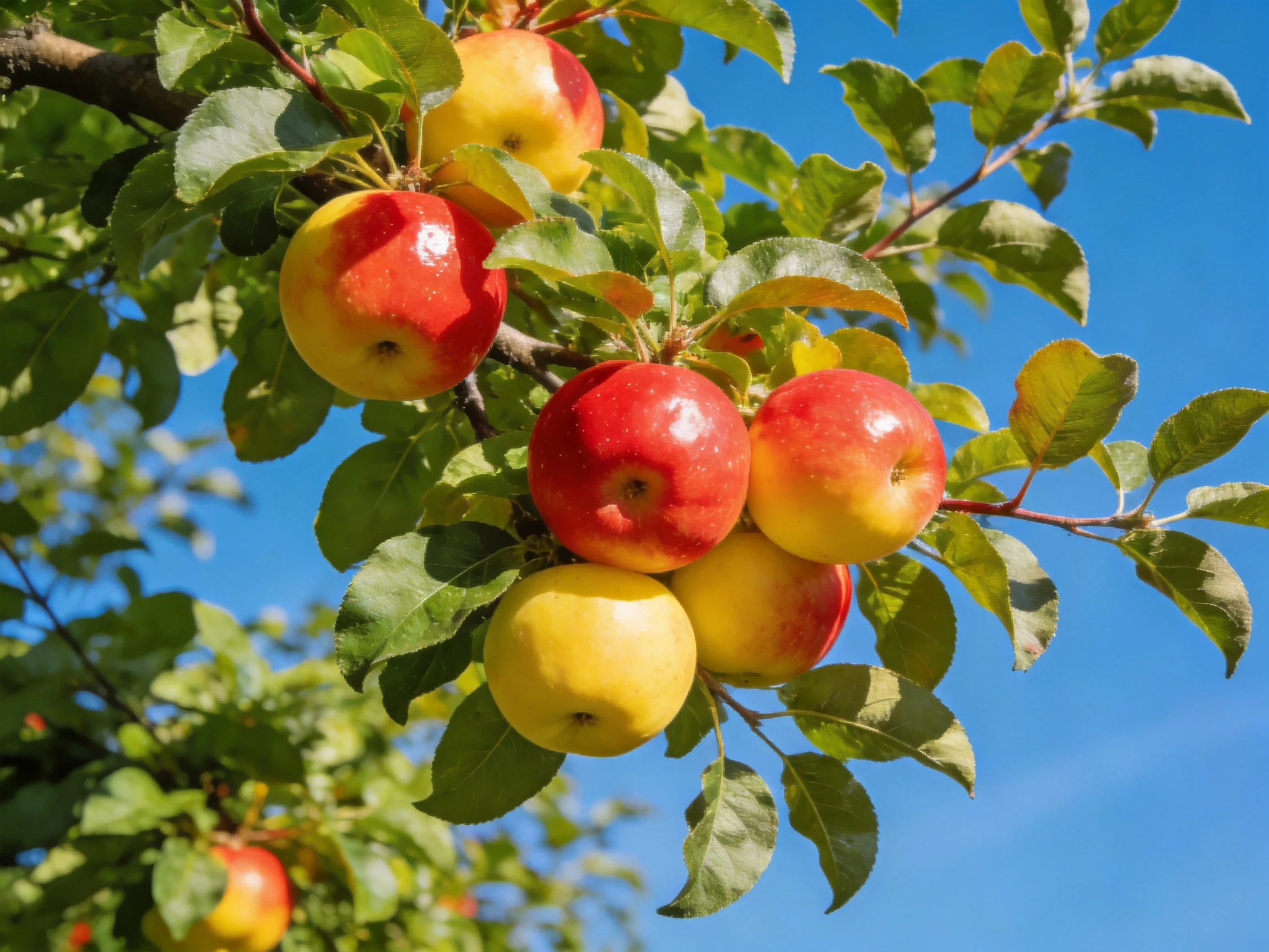 Vibrant red and yellow apples cluster on a leafy apple tree branch