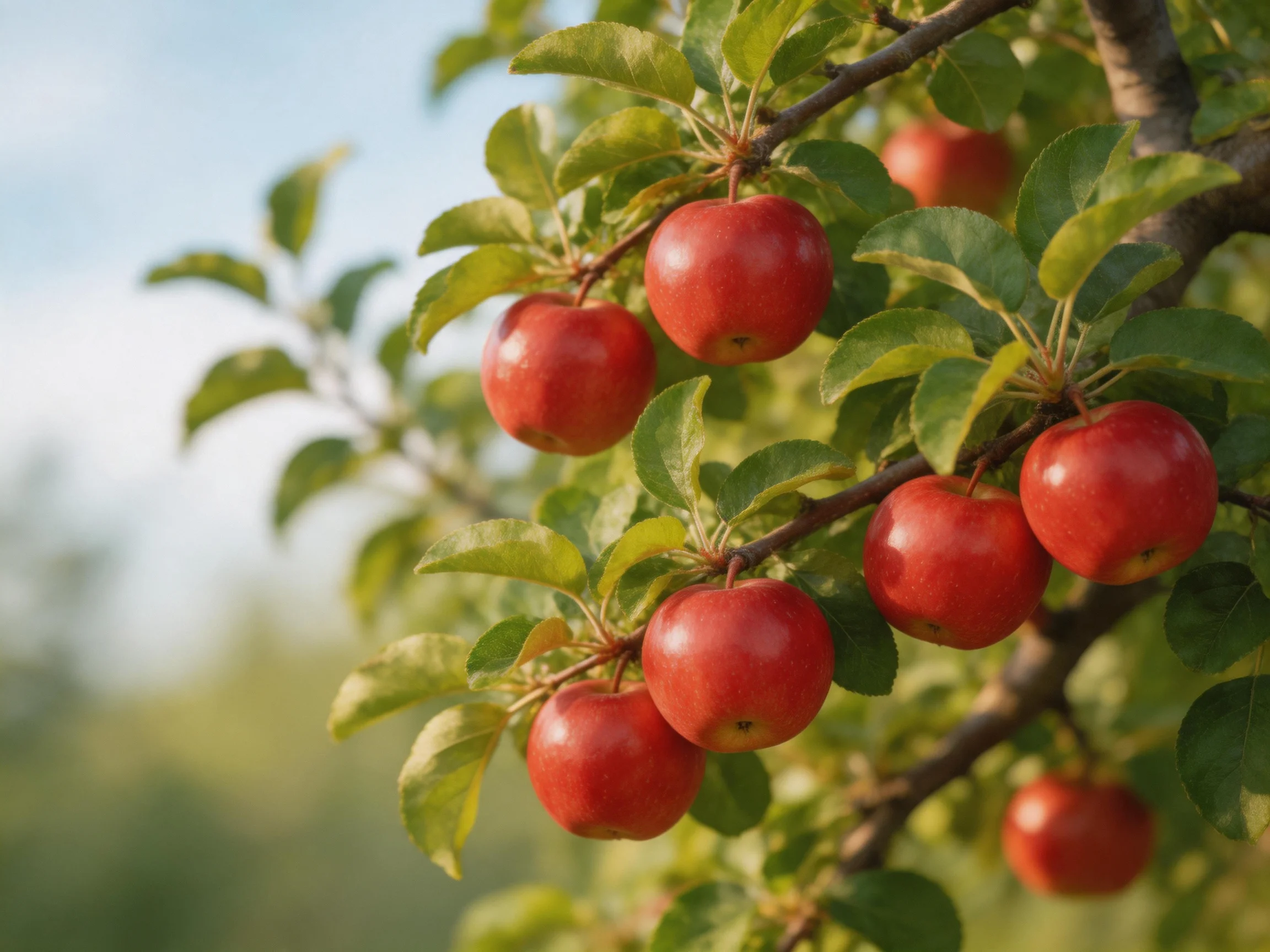 Vibrant red apples abundant on a leafy apple tree branch