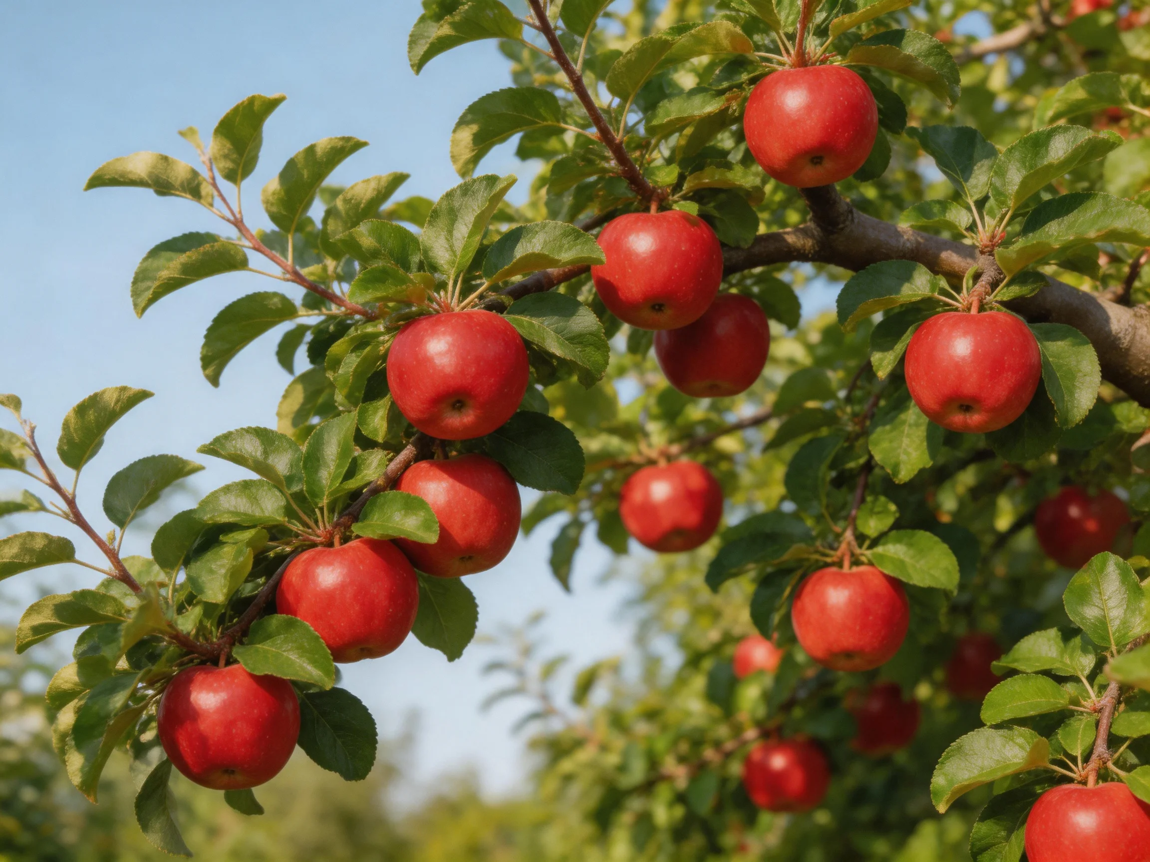 Vibrant red apples abundant on lush green apple tree branches