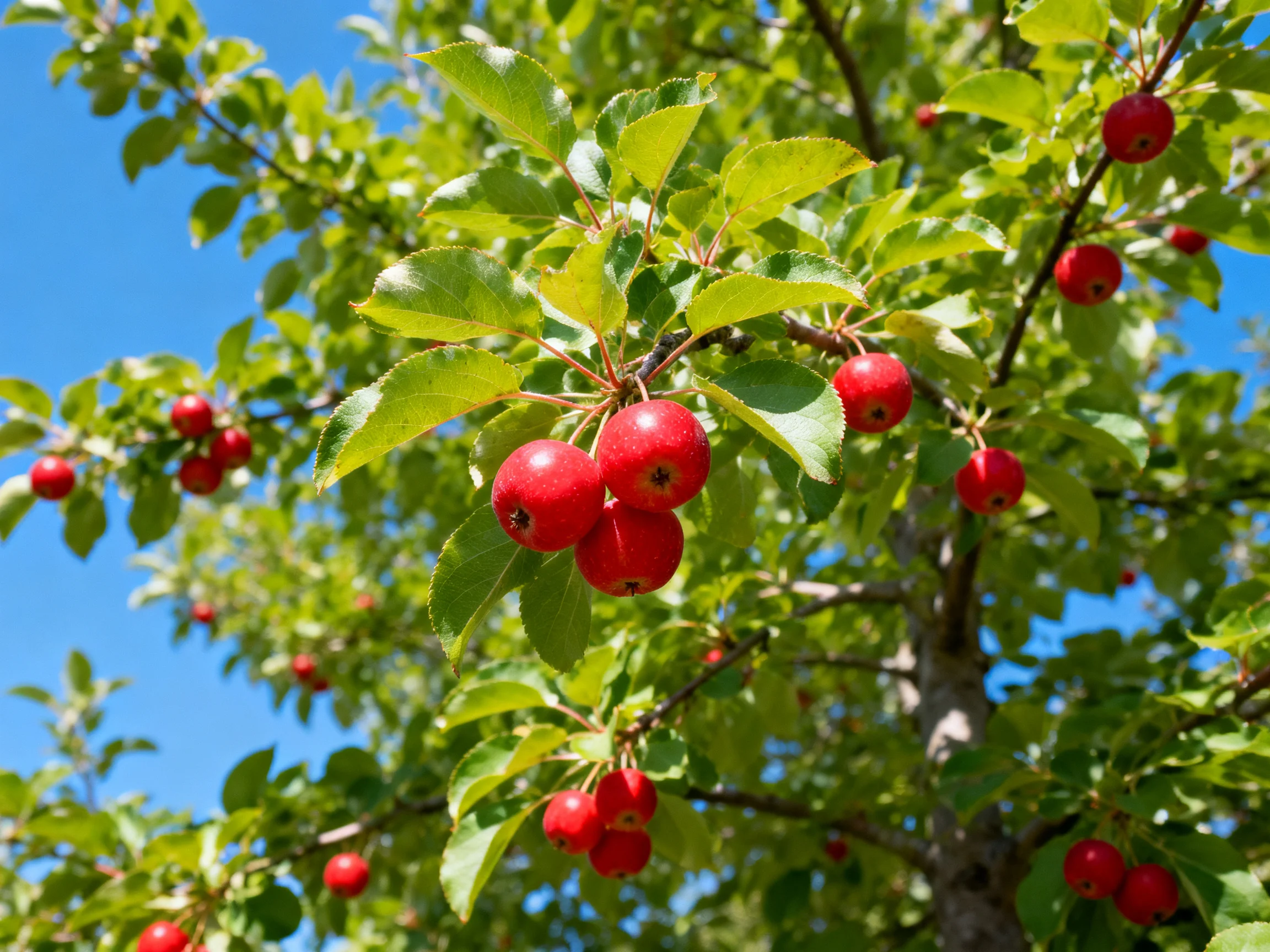 Vibrant red apples cluster among lush green leaves on a sunny day