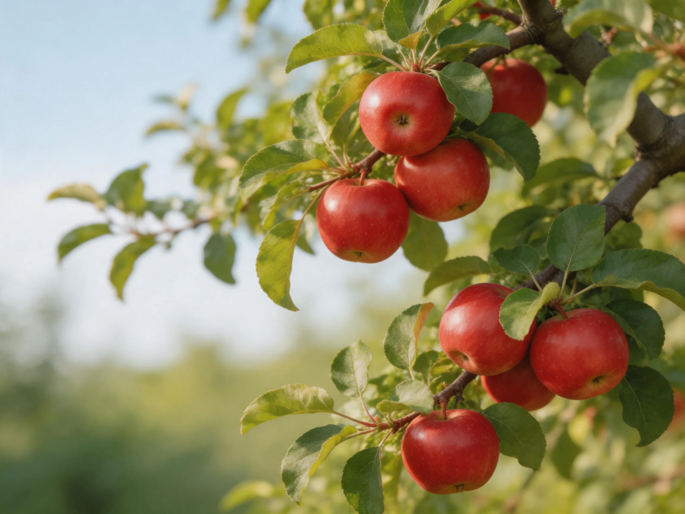 Vibrant red apples cluster on a leafy apple tree branch