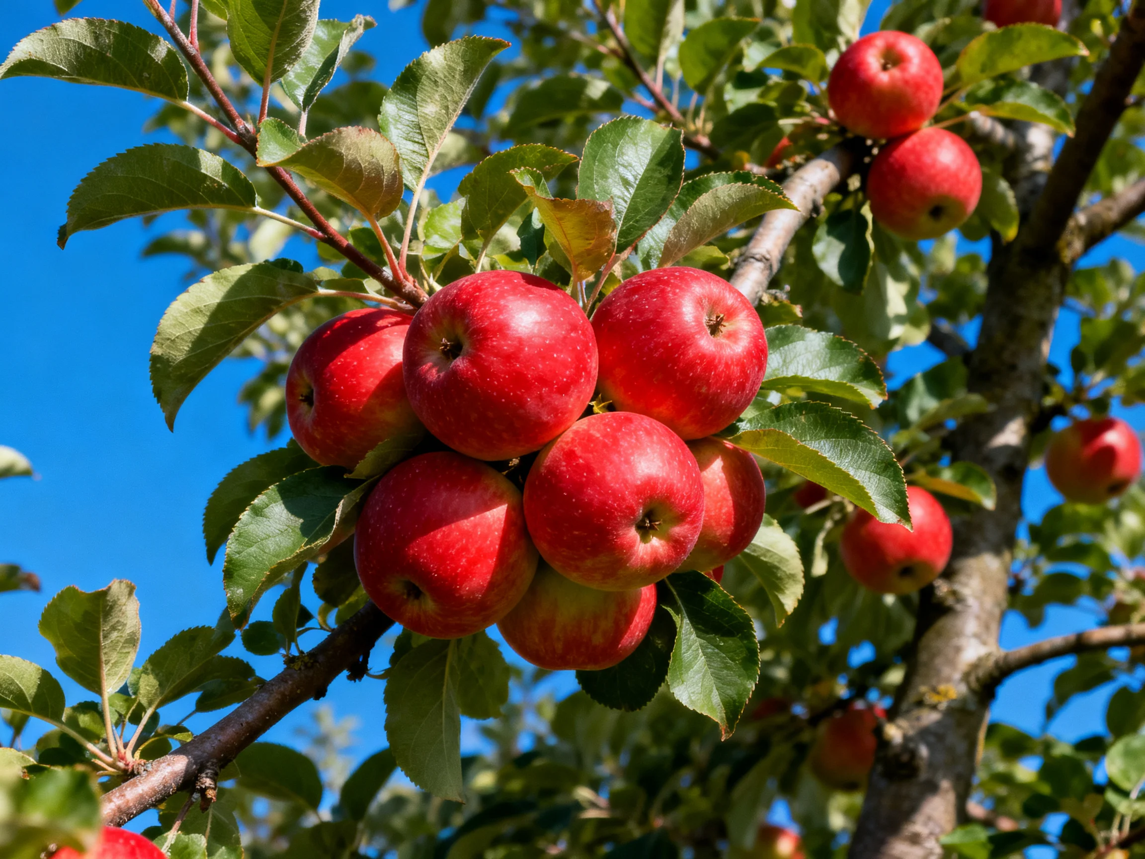 Vibrant red apples cluster on a leafy apple tree branch