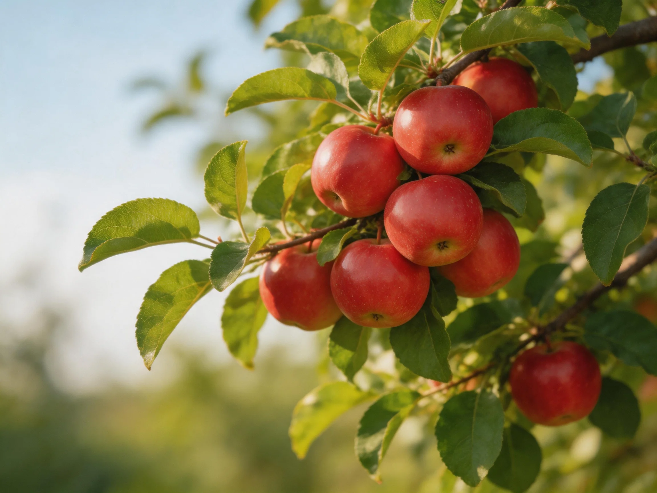Vibrant red apples cluster on a leafy apple tree branch