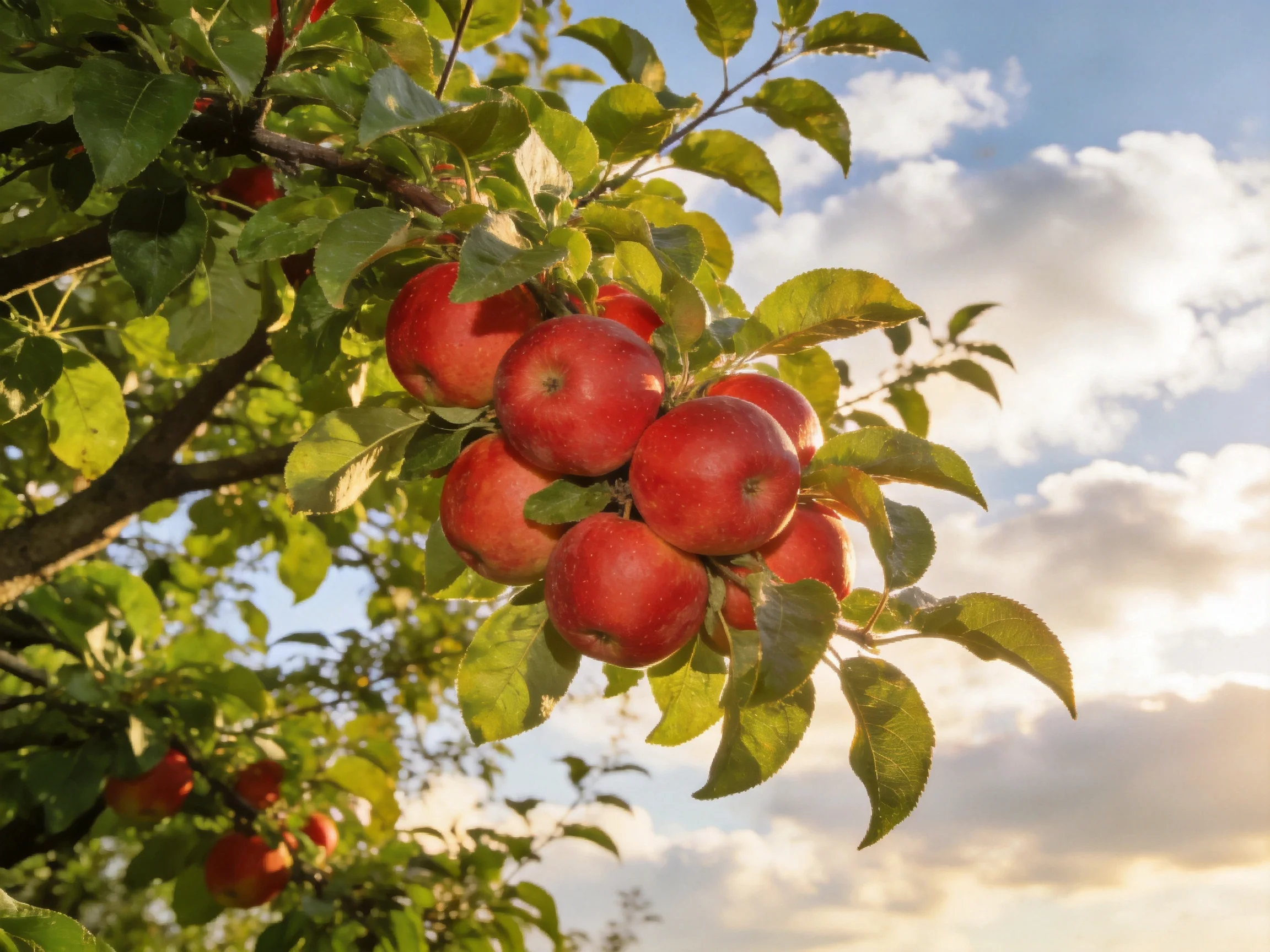 Vibrant red apples cluster on a leafy apple tree under a bright sky