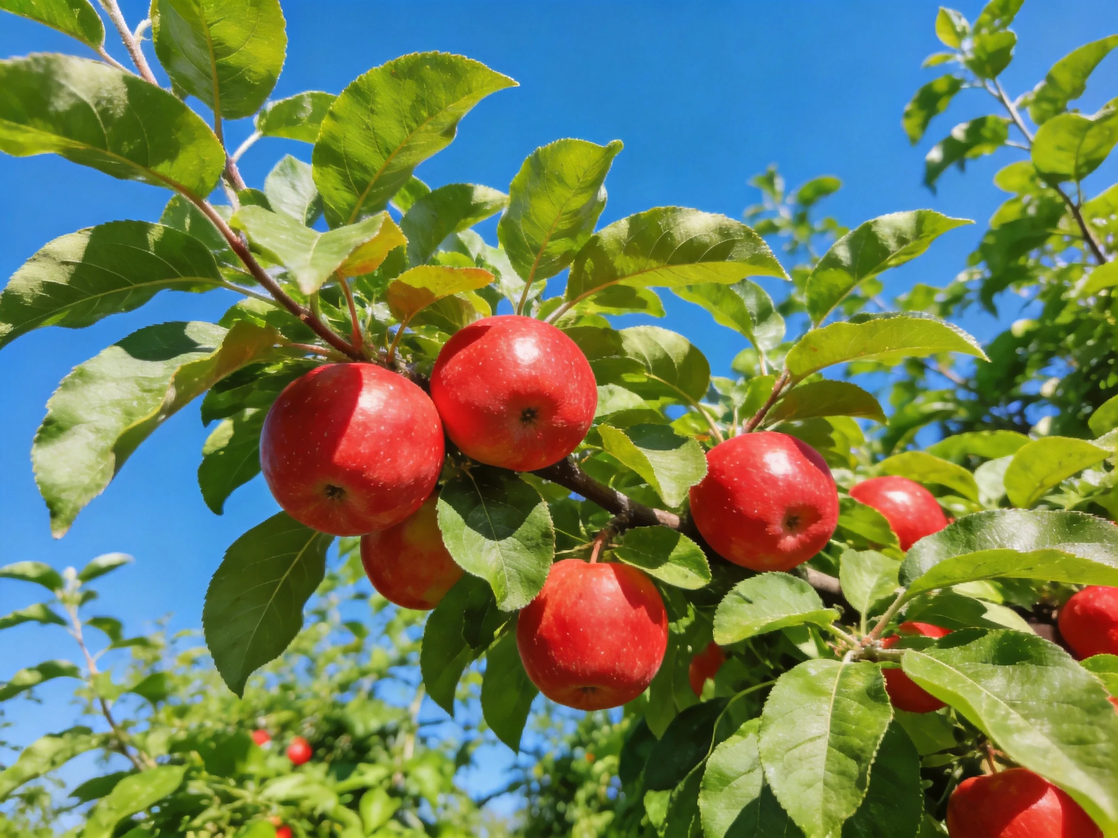 Vibrant red apples cluster on a leafy branch under a clear blue sky