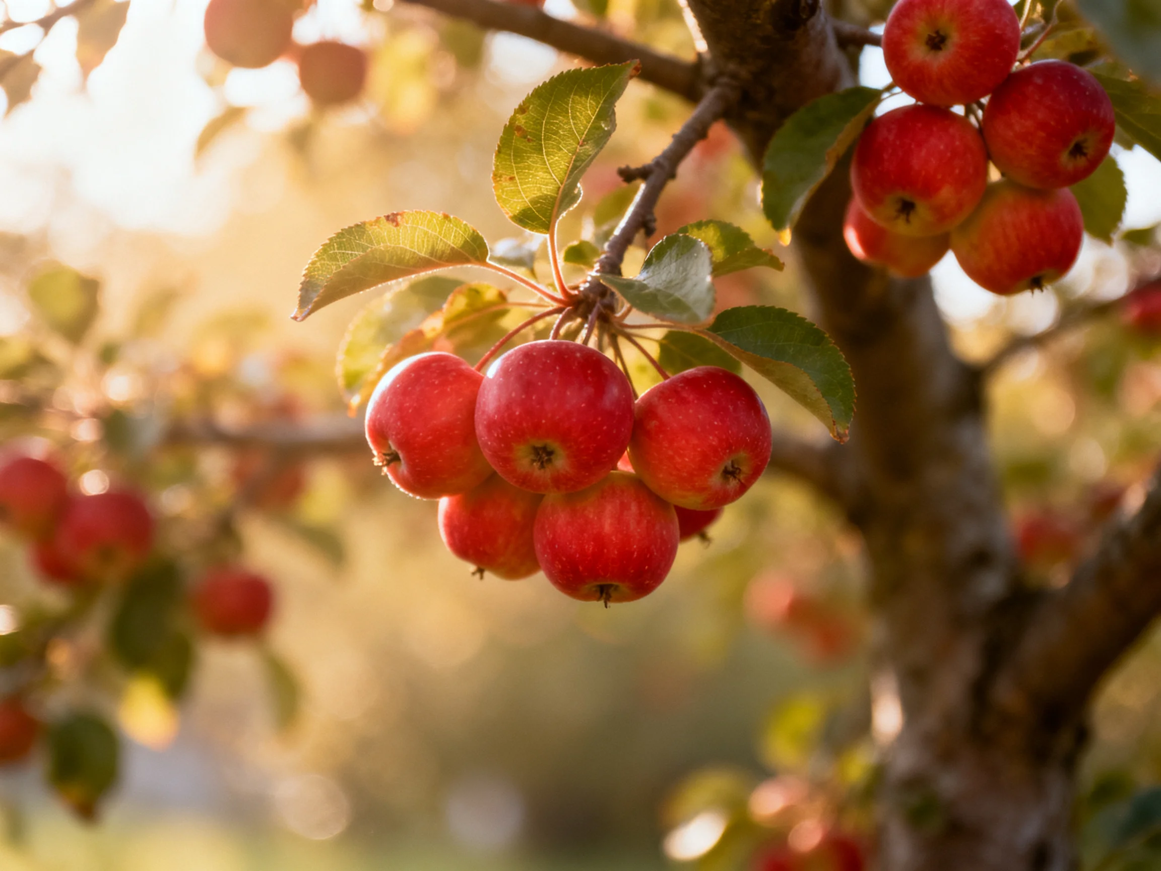 Vibrant red apples cluster on a sun-drenched apple tree branch