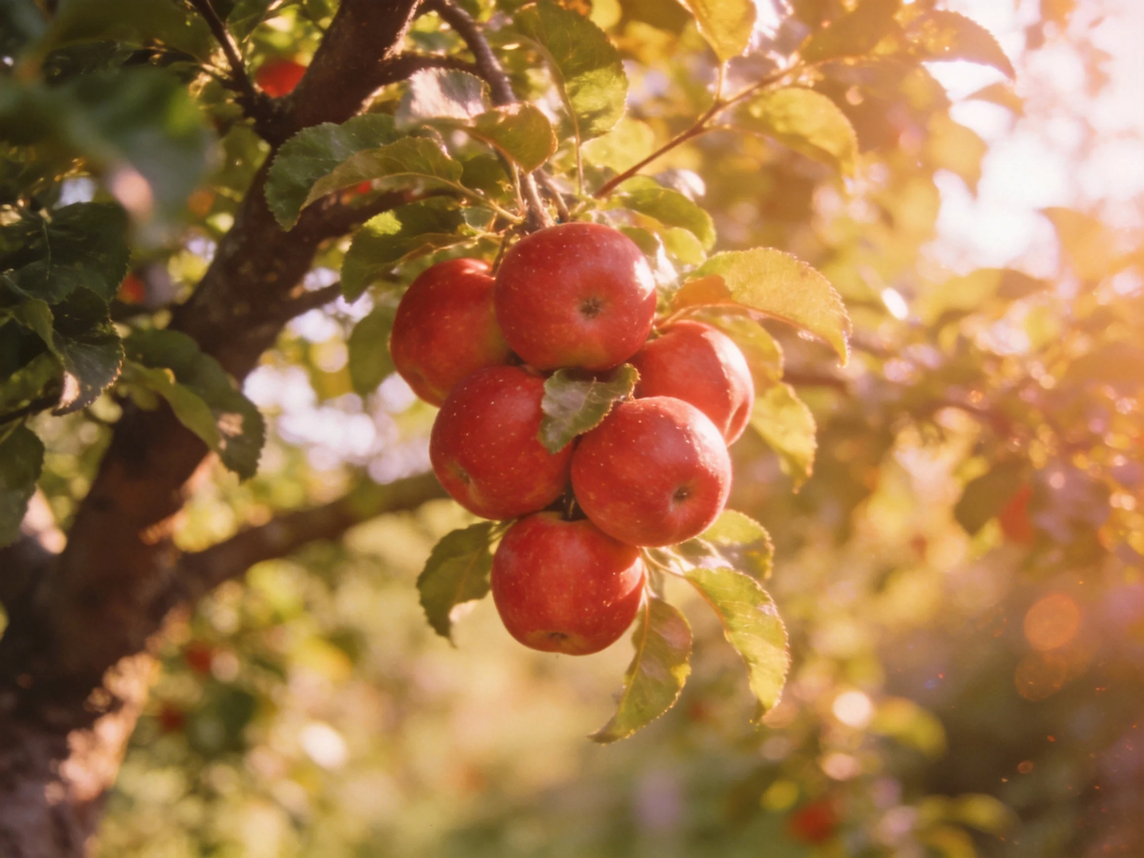 Vibrant red apples cluster on a sunlit apple tree branch