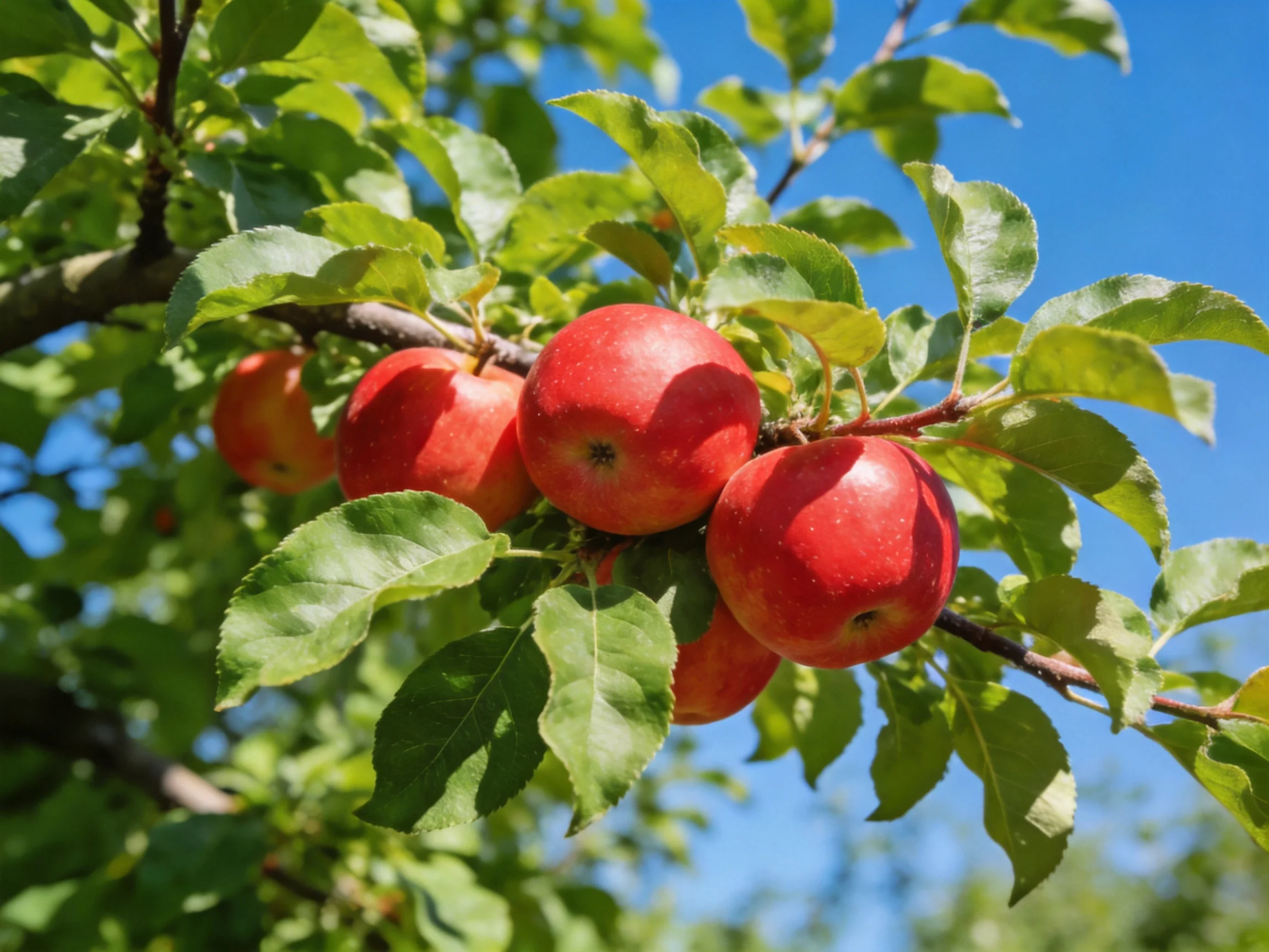 Vibrant red apples cluster on a tree branch with lush green leaves