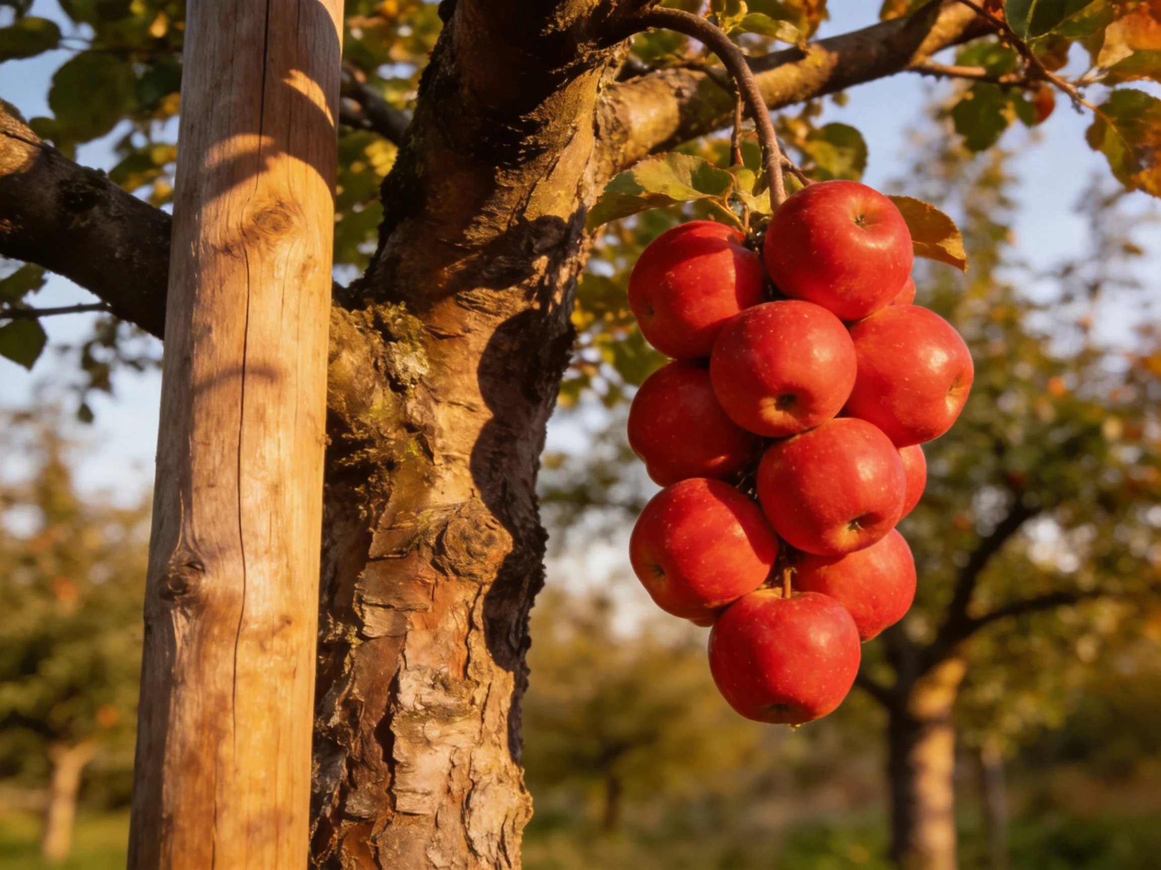 Vibrant red apples cluster on an aged apple tree