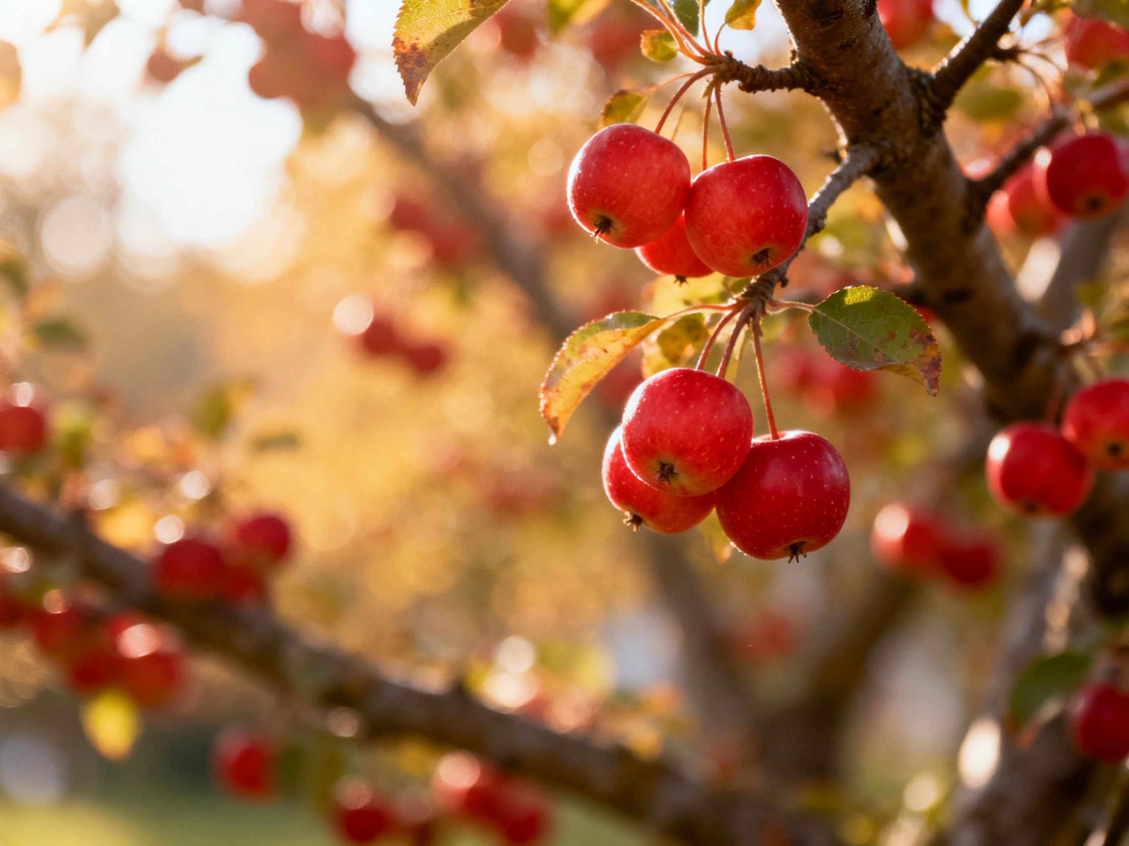 Vibrant red apples cluster on gnarled tree branches under golden light