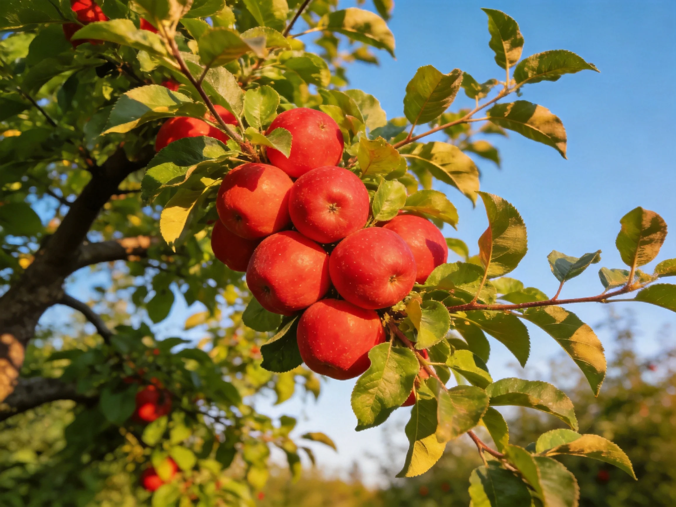 Vibrant red apples clustered on a leafy apple tree beneath a clear blue sky