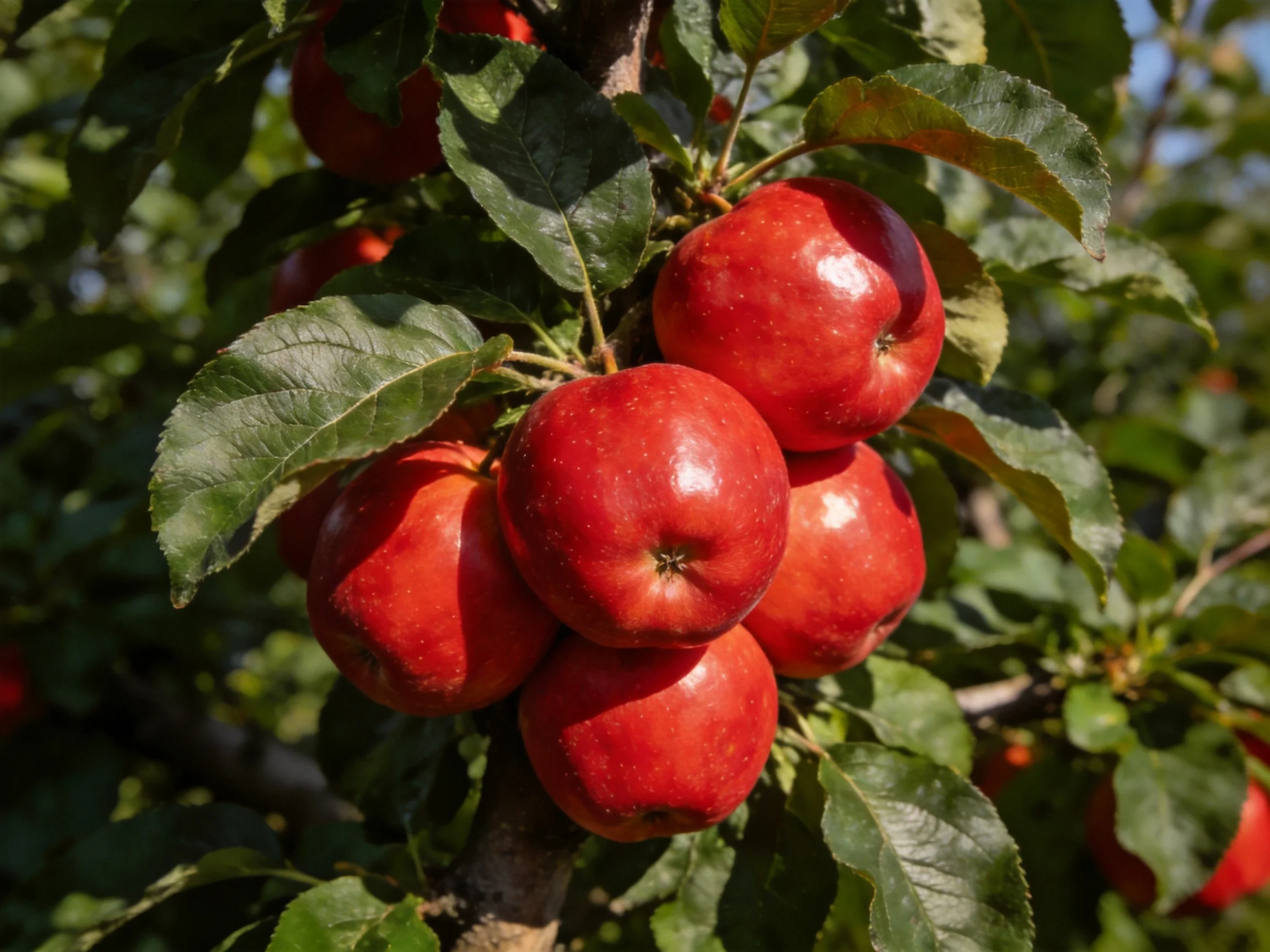 Vibrant red apples clustered on a lush green apple tree branch