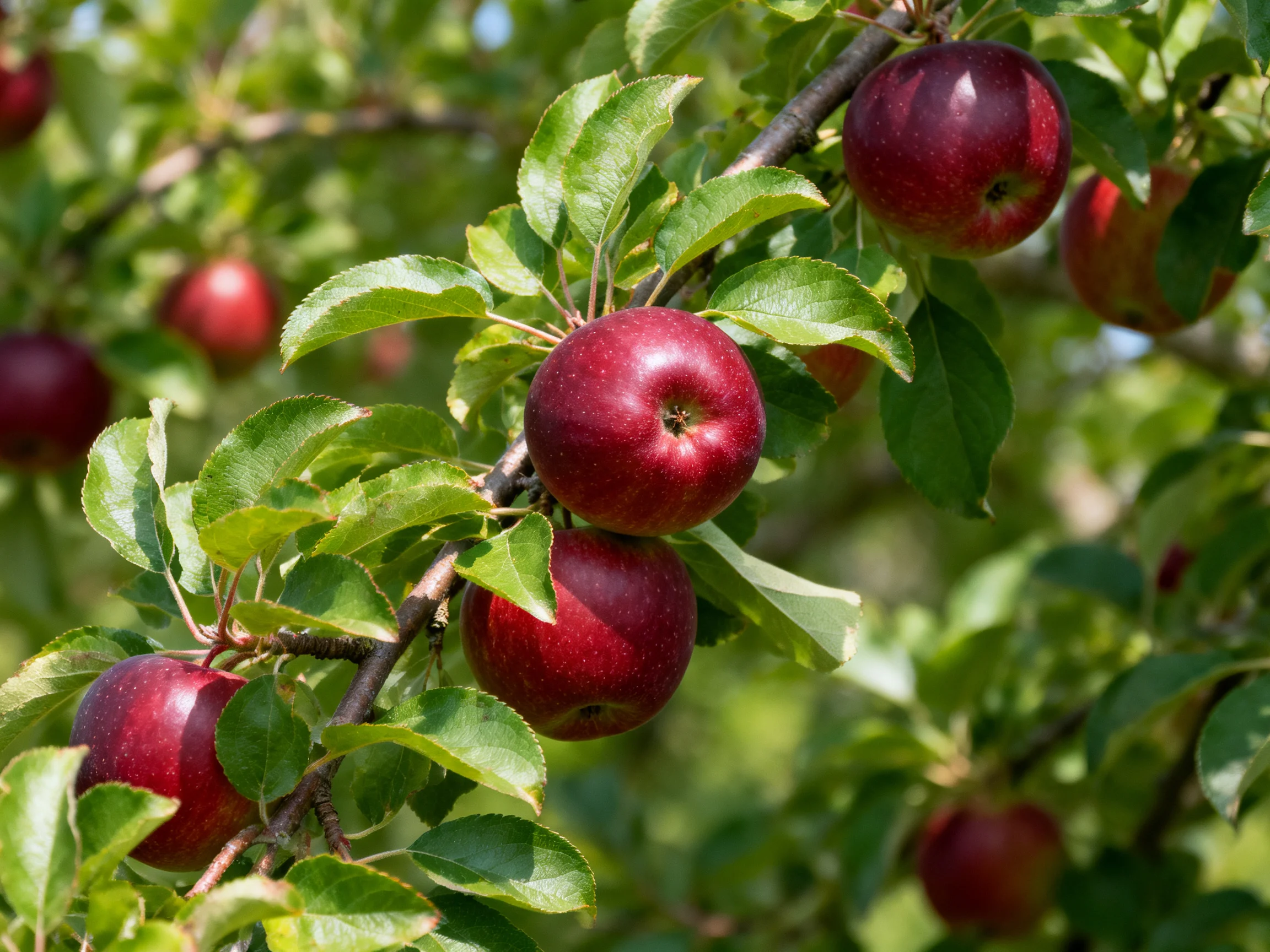 Vibrant red apples hang from a leafy apple tree branch