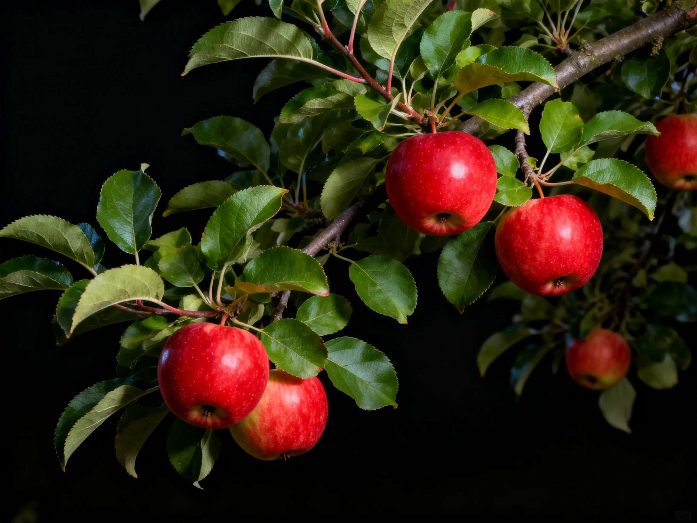 Vibrant red apples hang from a tree branch amid lush green leaves