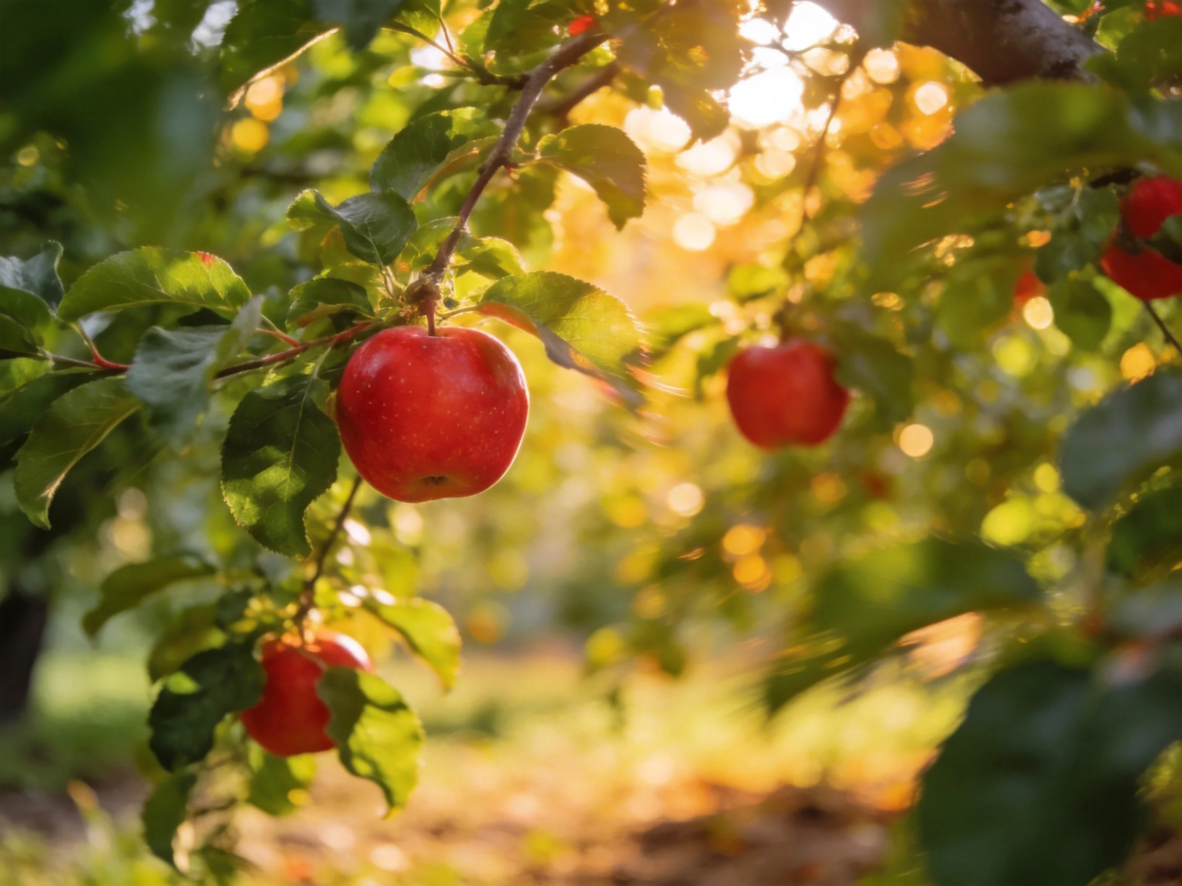 Vibrant red apples hang from lush green branches in golden sunlight
