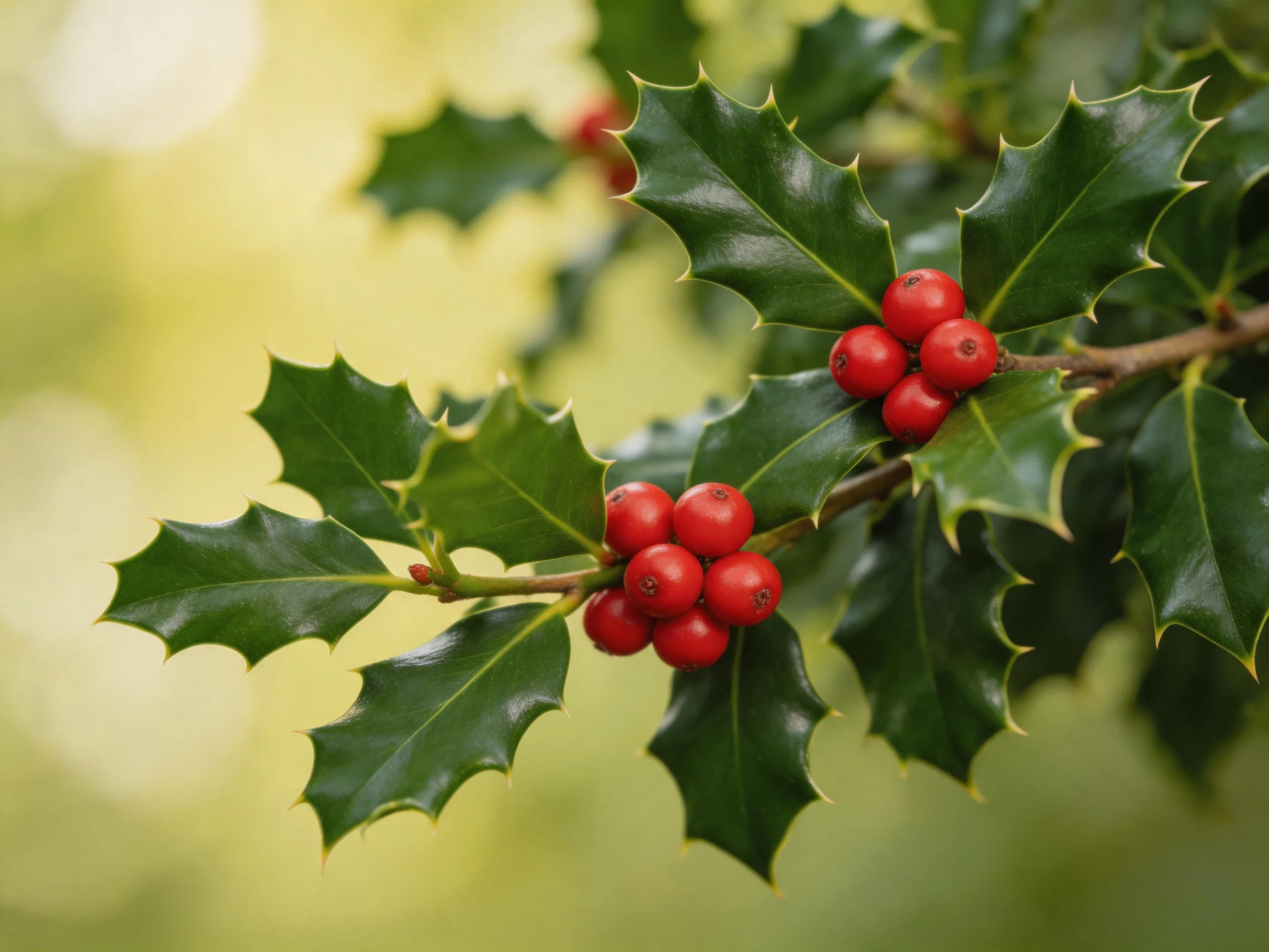 Vibrant red berries cluster among glossy dark green holly leaves