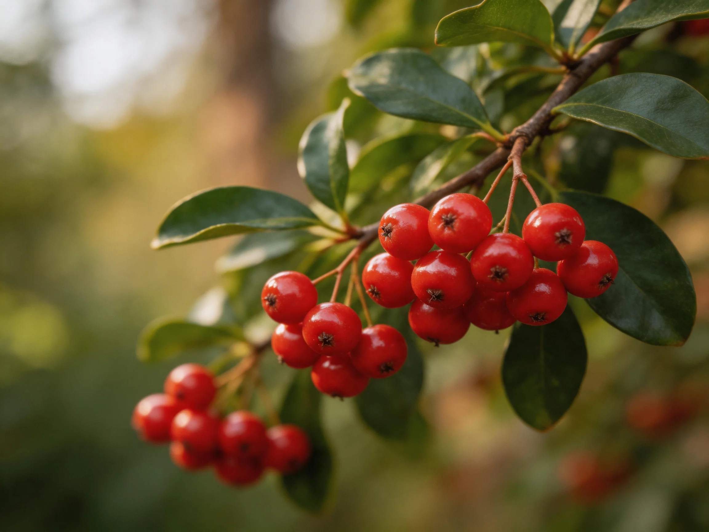 Vibrant red berries cluster on a leafy branch with glossy green leaves