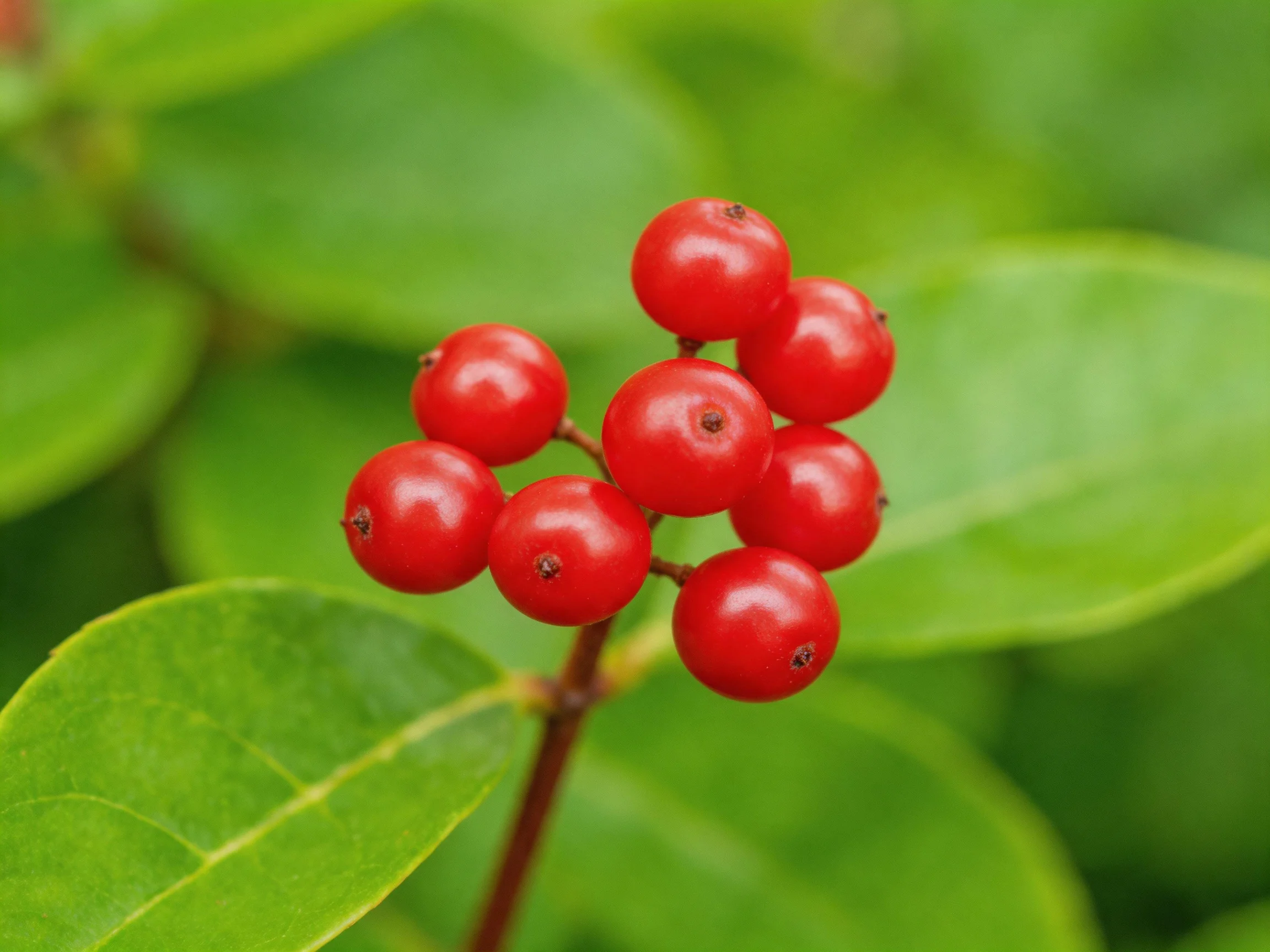 Vibrant red berries clustered on a branch with glossy green leaves
