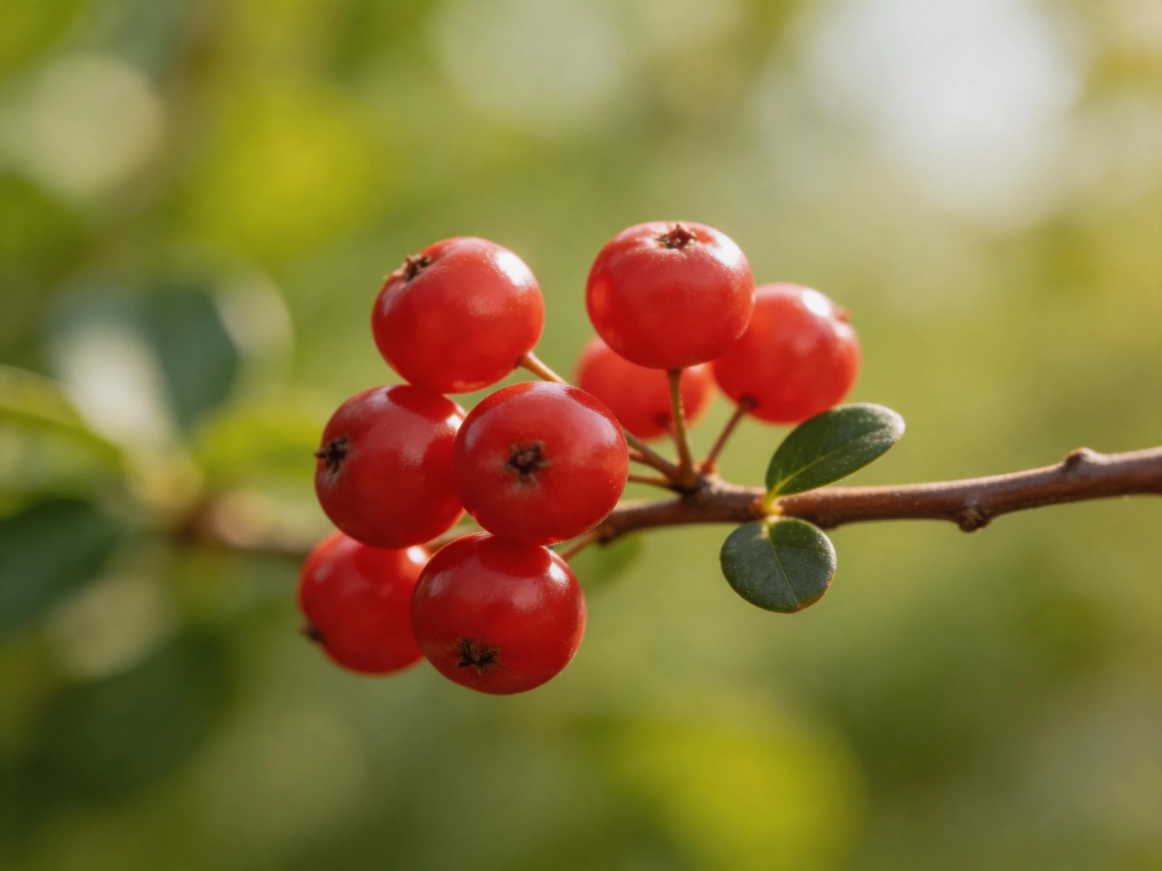 Vibrant red berries clustered on a brown branch with green foliage