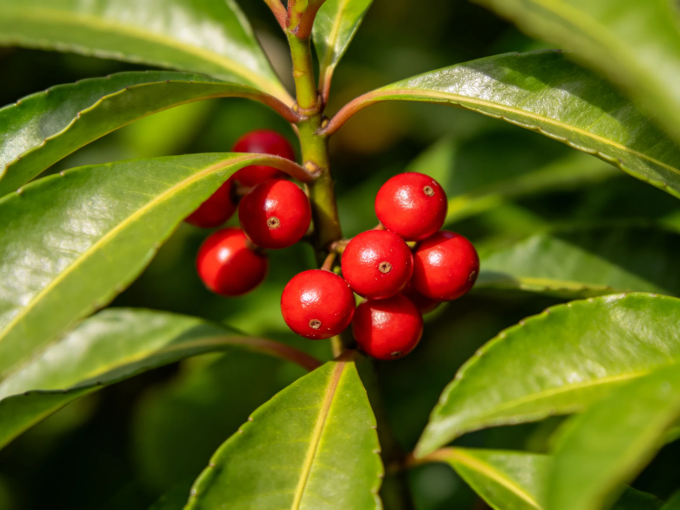 Vibrant red berries clustered within glossy green foliage