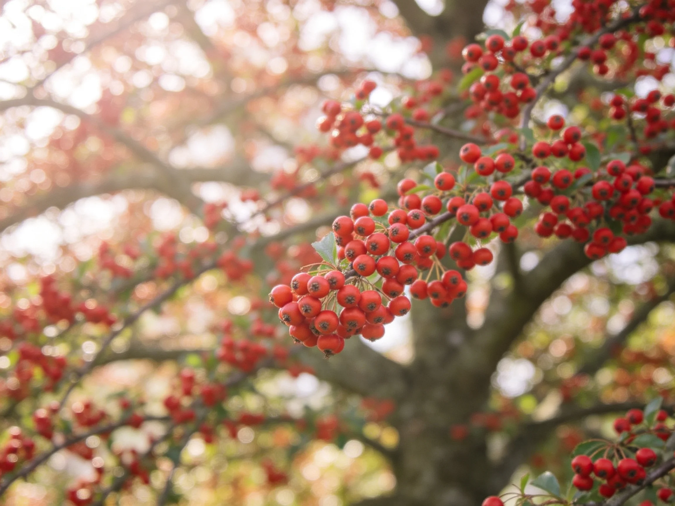 Vibrant red berries densely cluster on tree branches