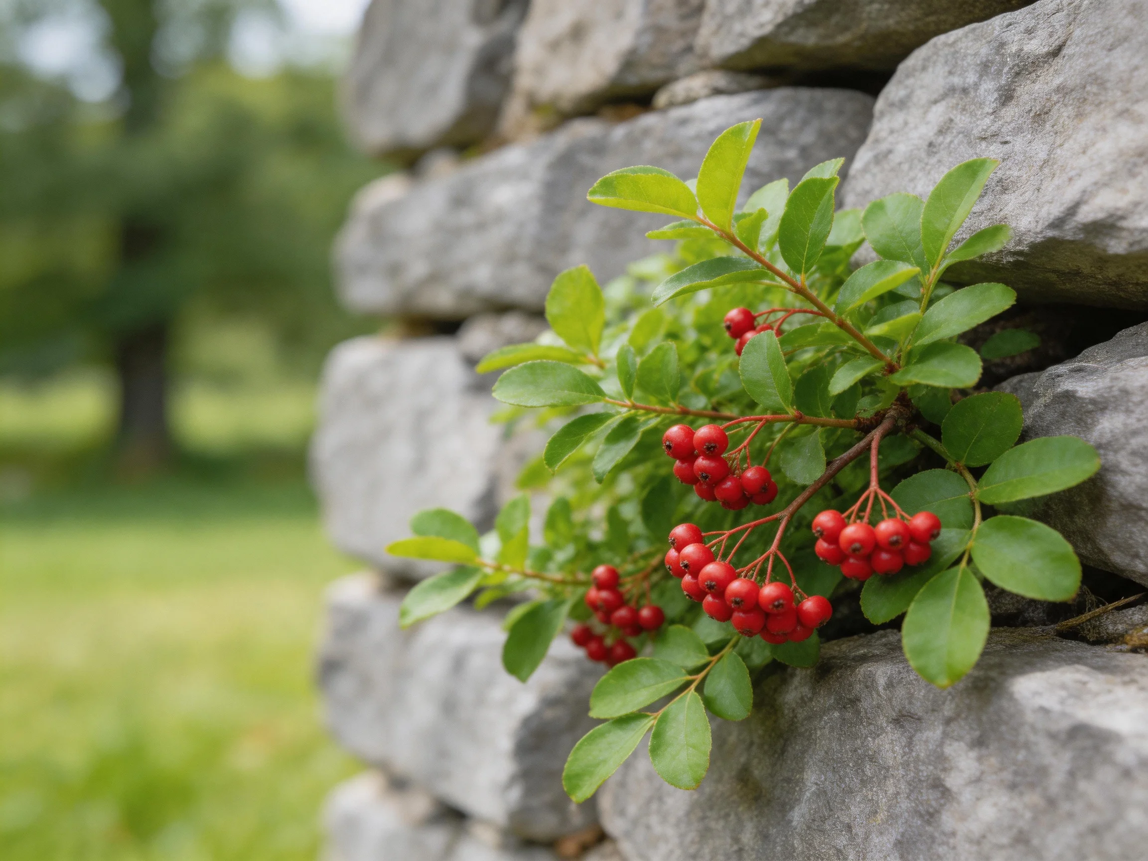 Vibrant red berries on green foliage growing through a gray stone wall