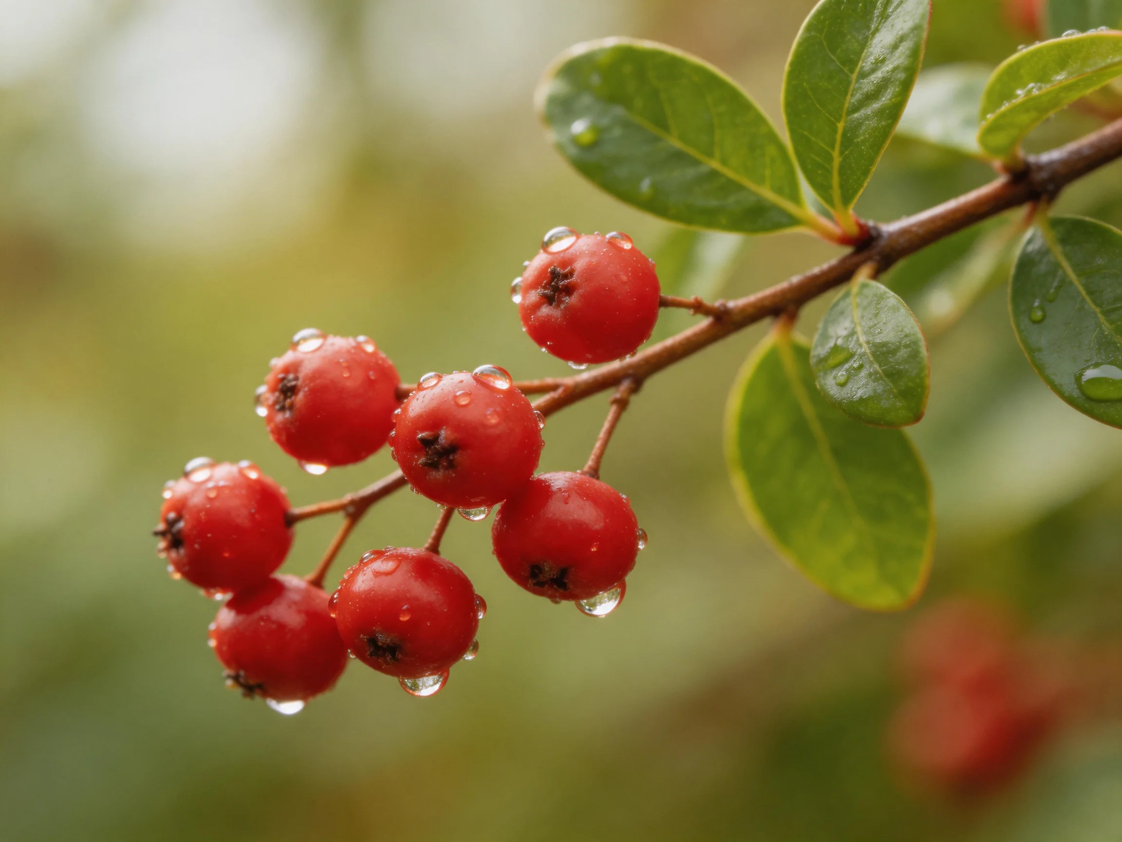 Vibrant red berries with glistening water droplets on a leafy branch