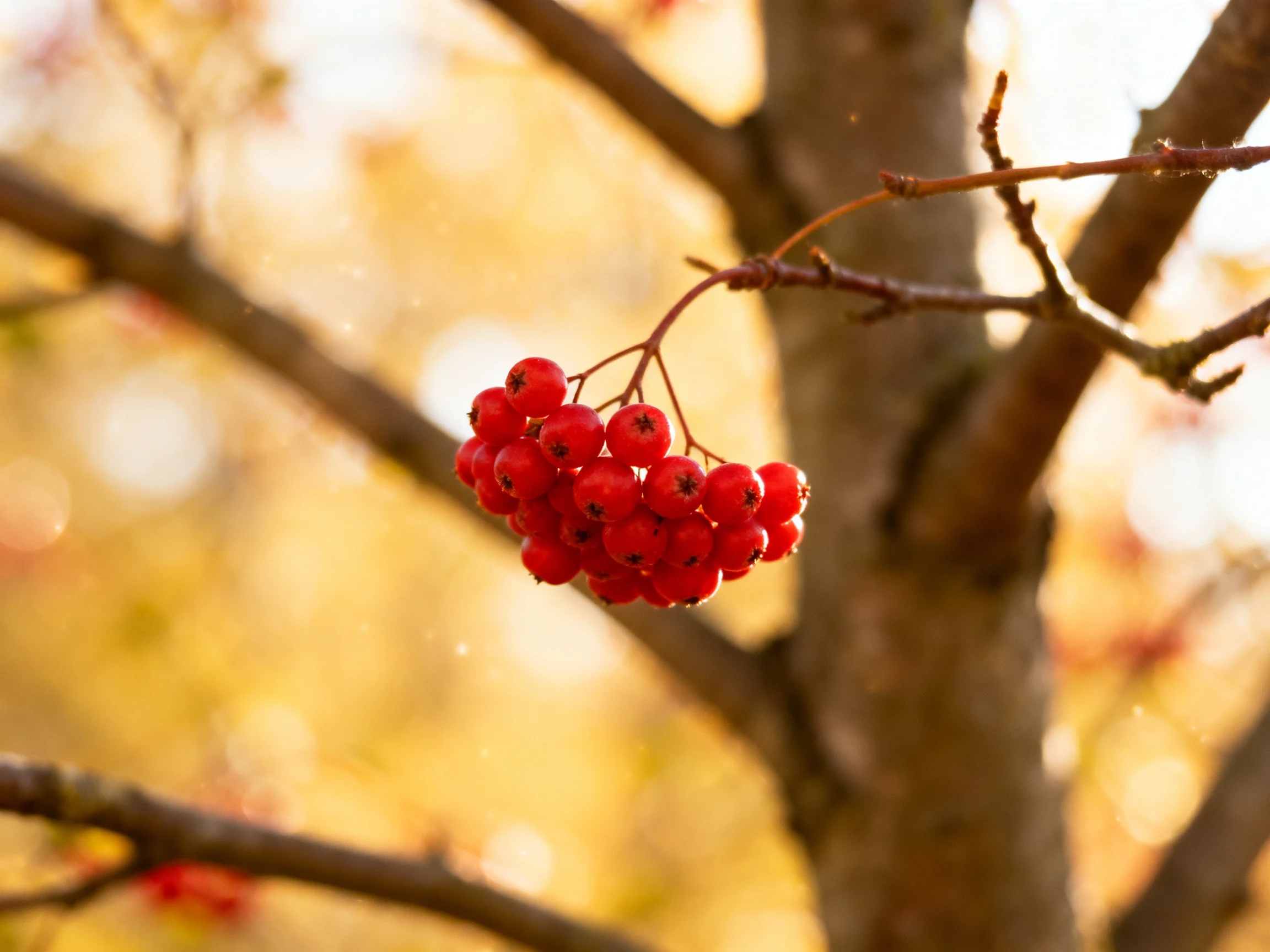 Vibrant red berry cluster on slender tree branch with golden backdrop