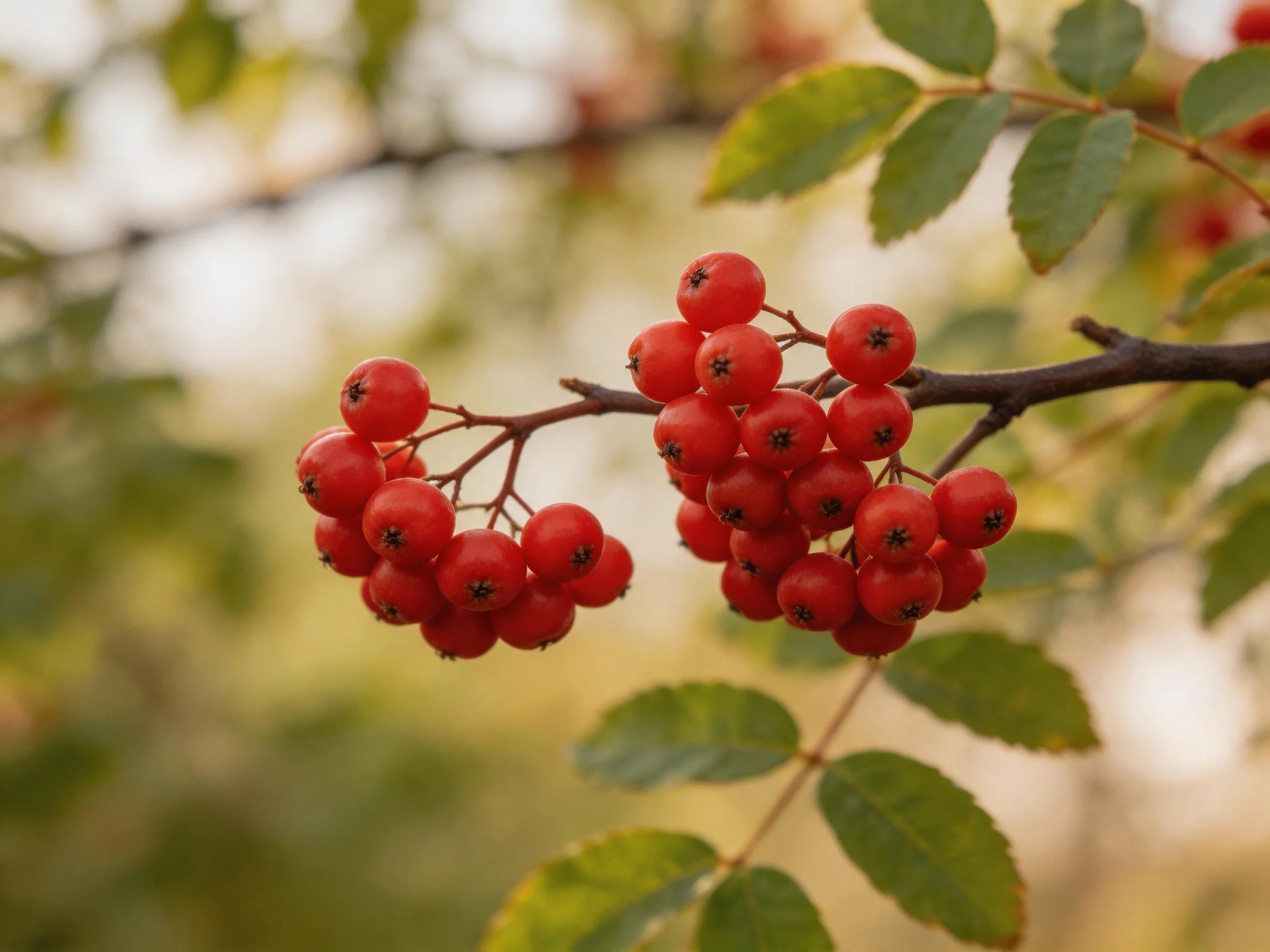 Vibrant red berry clusters adorn branches amid lush green foliage