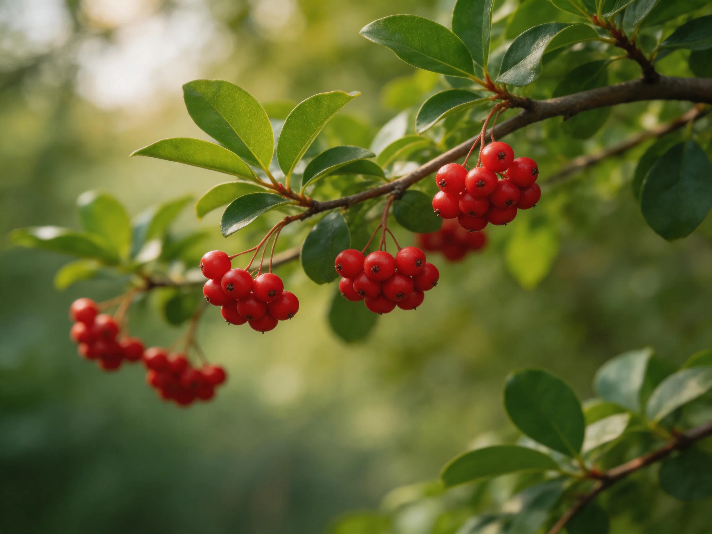 Vibrant red berry clusters adorn branches with glossy green leaves