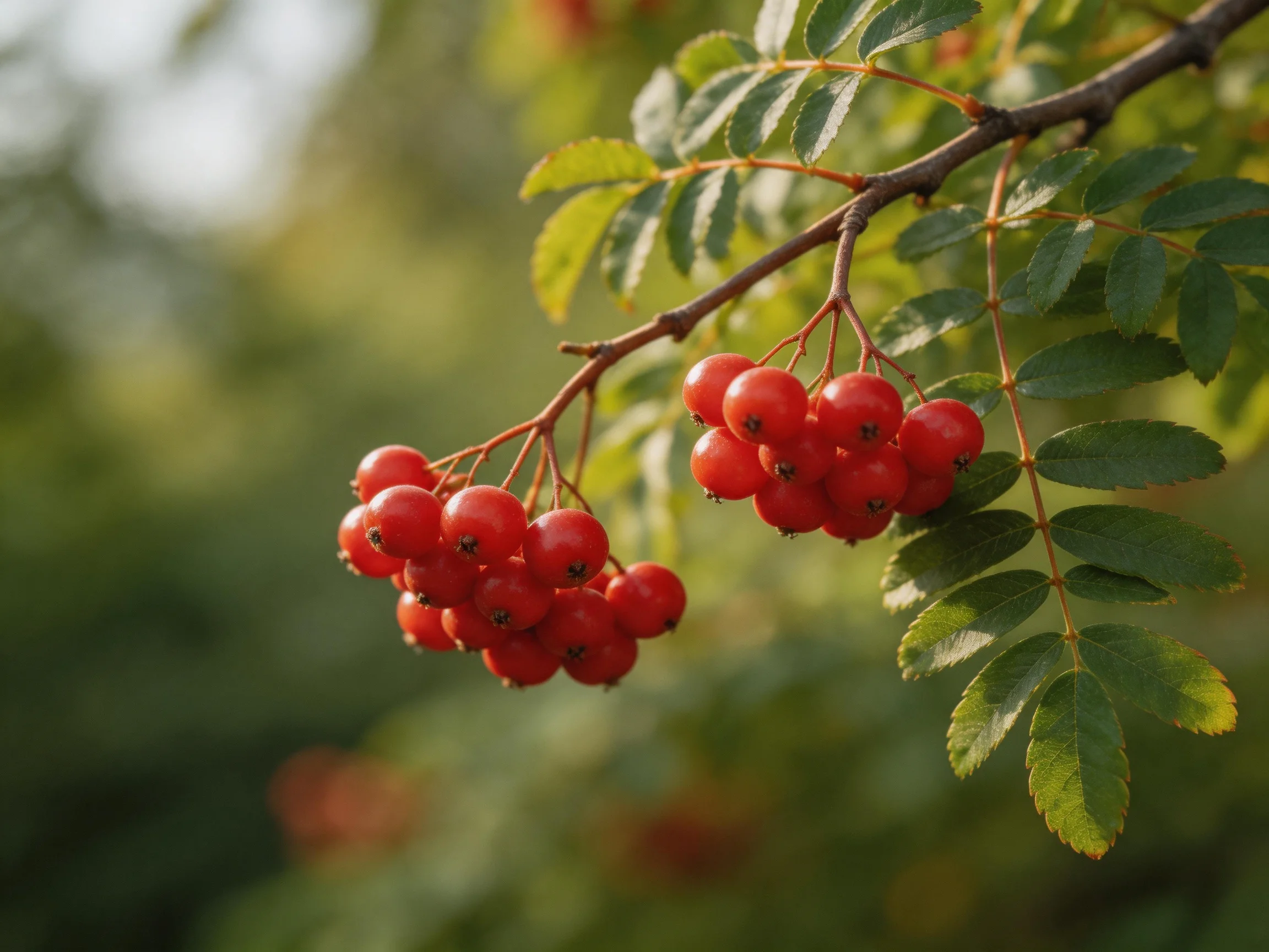 Vibrant red berry clusters adorn branches with glossy green leaves
