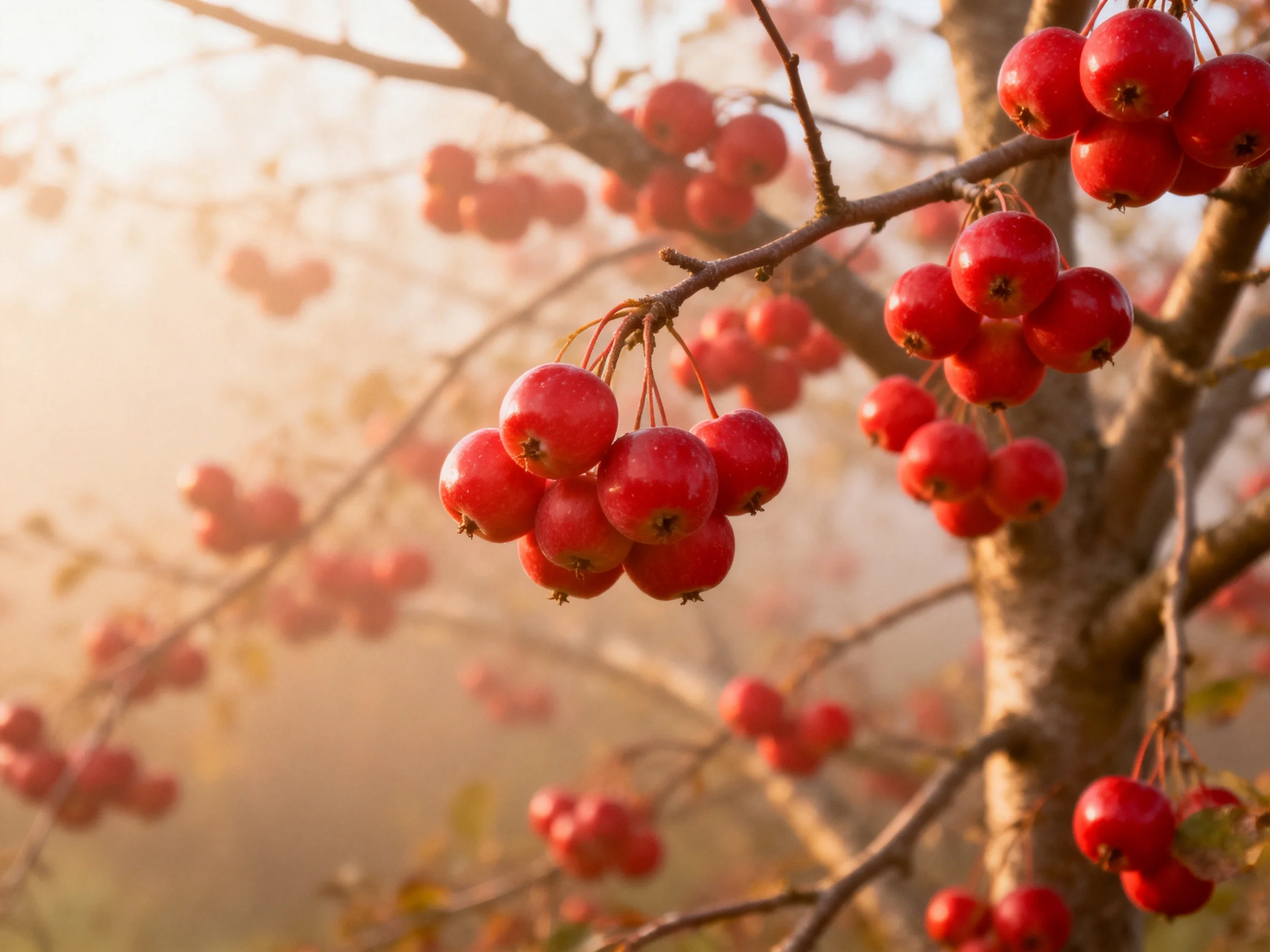 Vibrant red berry clusters adorn tree branches in misty morning light