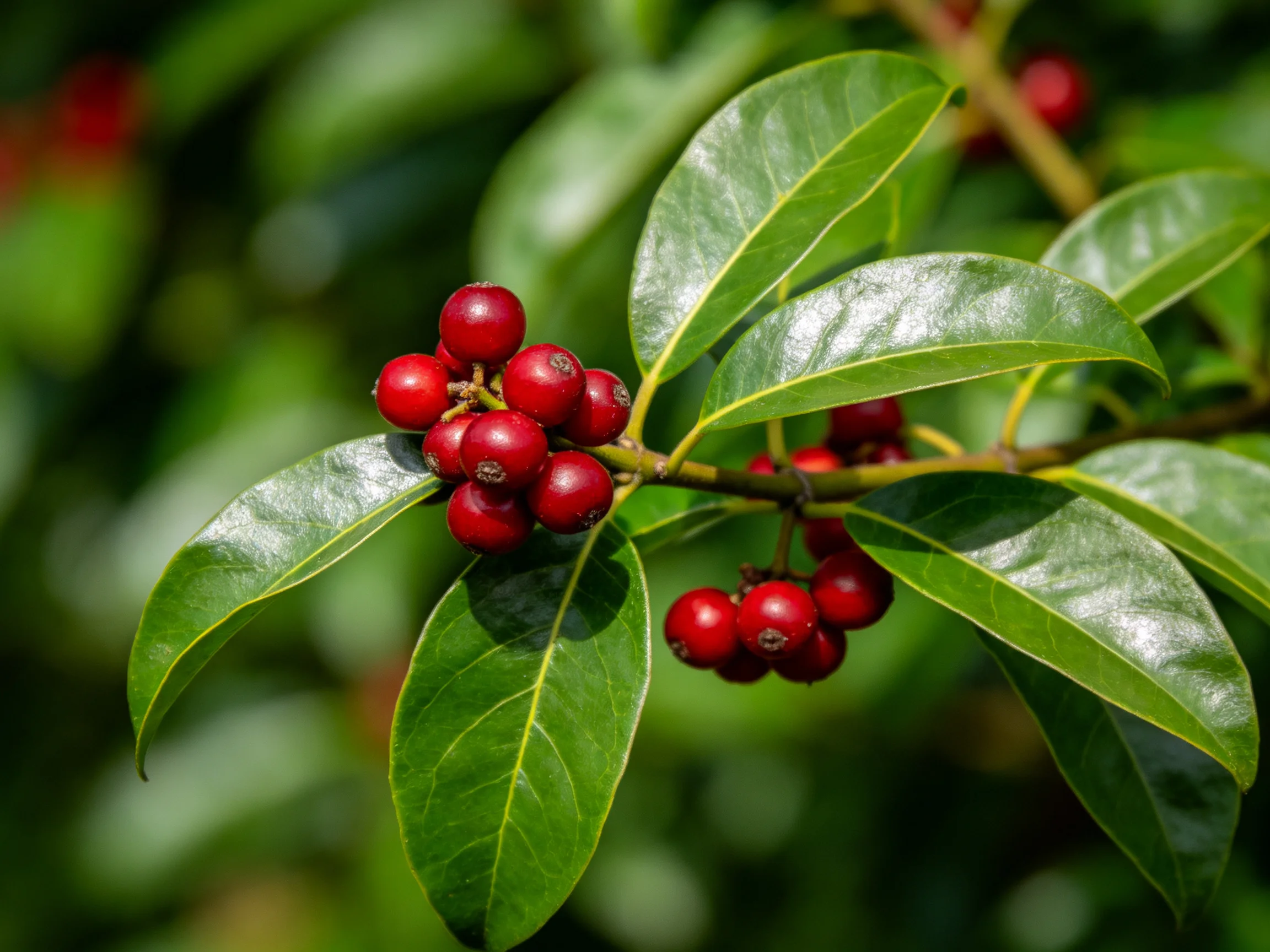 Vibrant red berry clusters among glossy green leaves