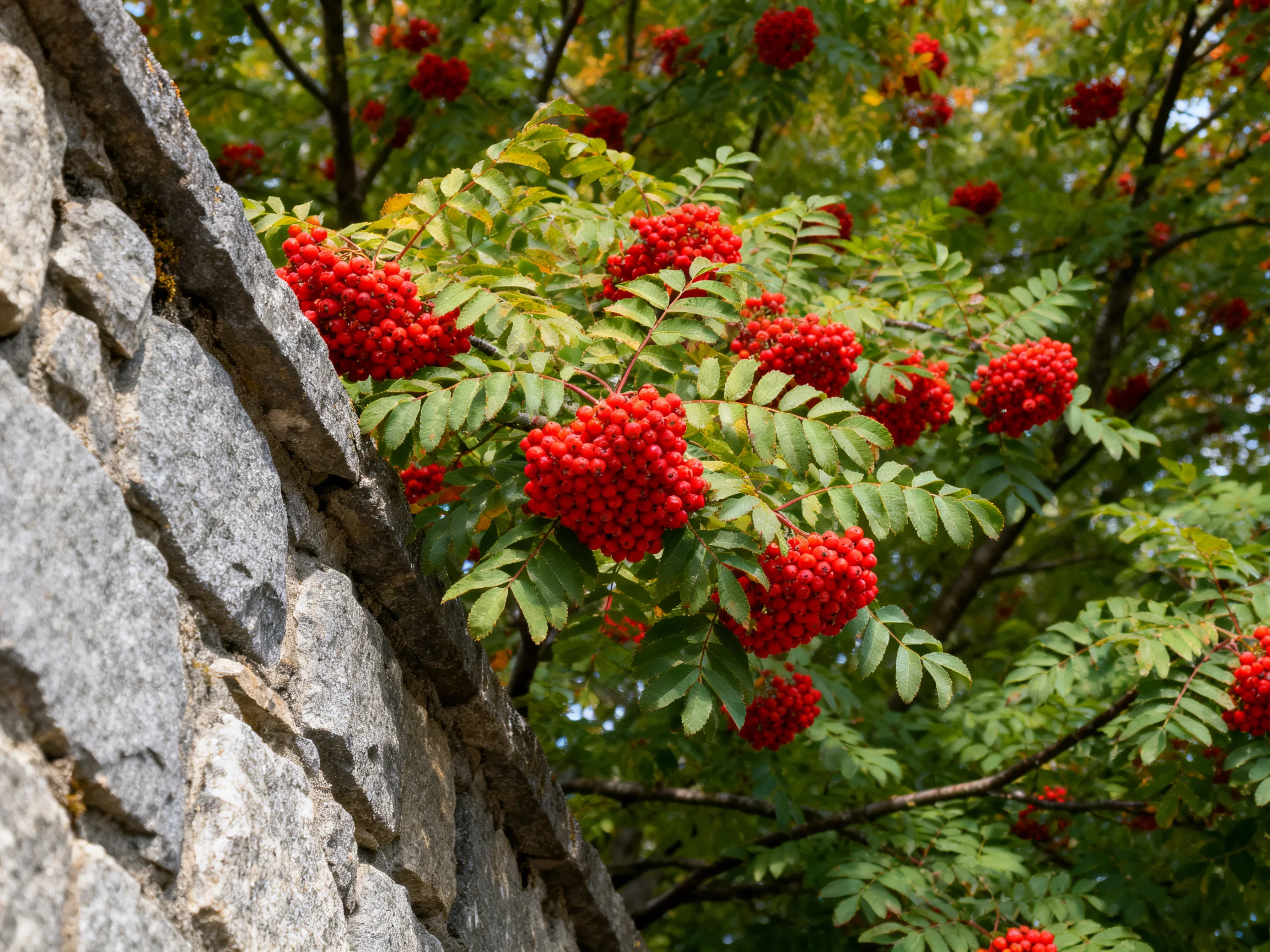 Vibrant red berry clusters beside an aged stone wall with green foliage