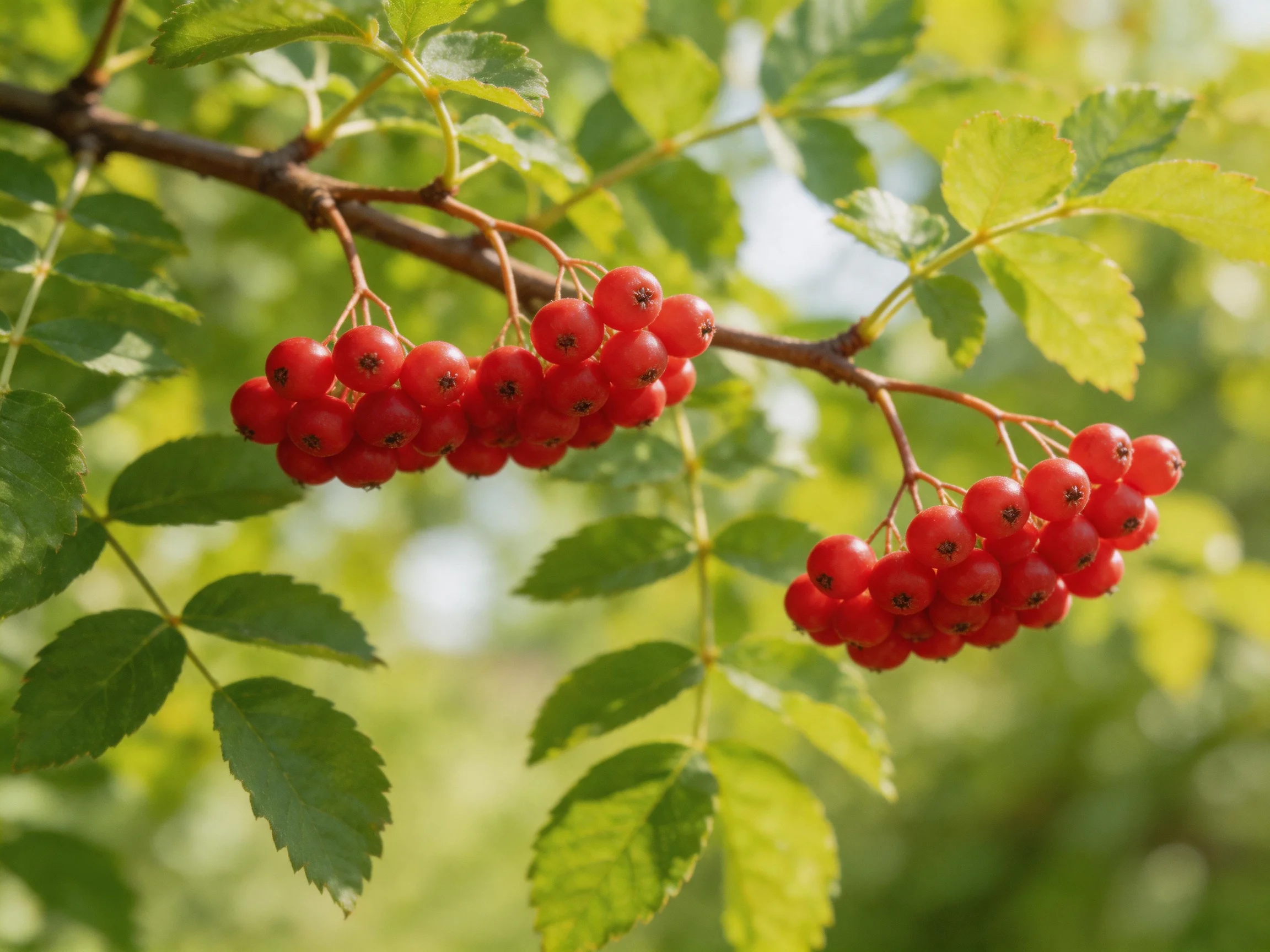 Vibrant red berry clusters hang from a branch with lush green foliage
