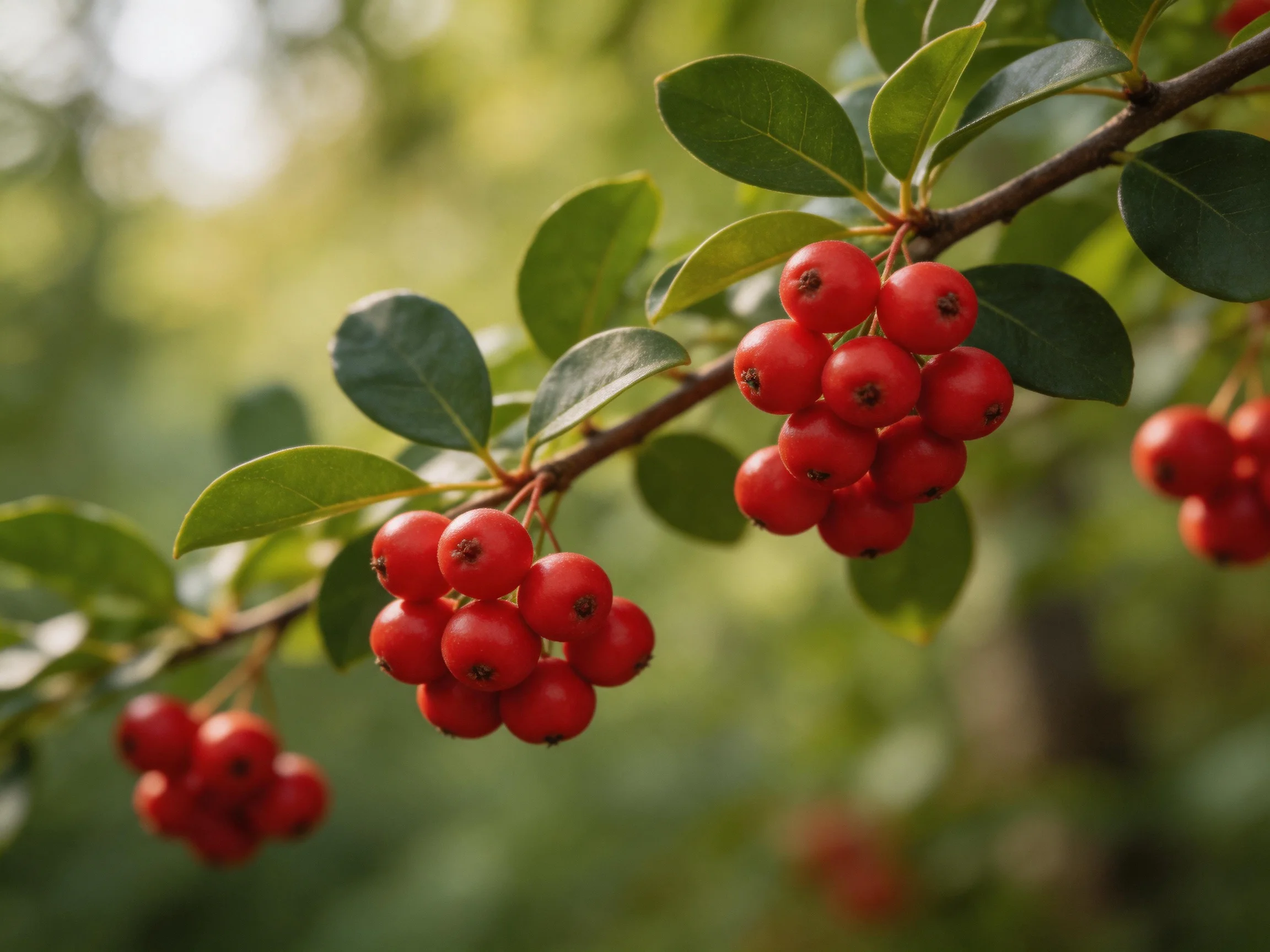 Vibrant red berry clusters hang from branches with glossy green leaves