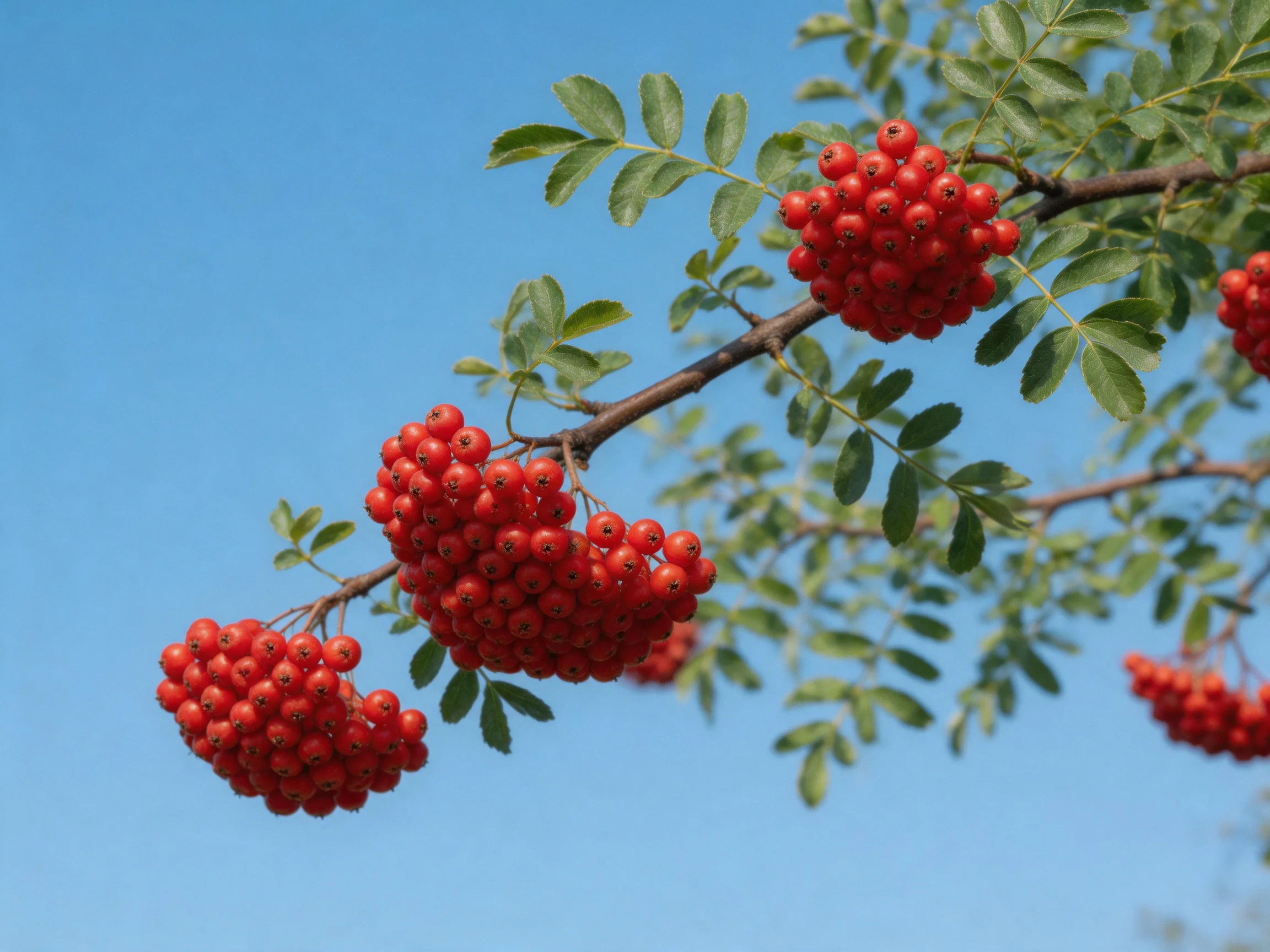 Vibrant red berry clusters hang from branches with green foliage against a clear blue sky