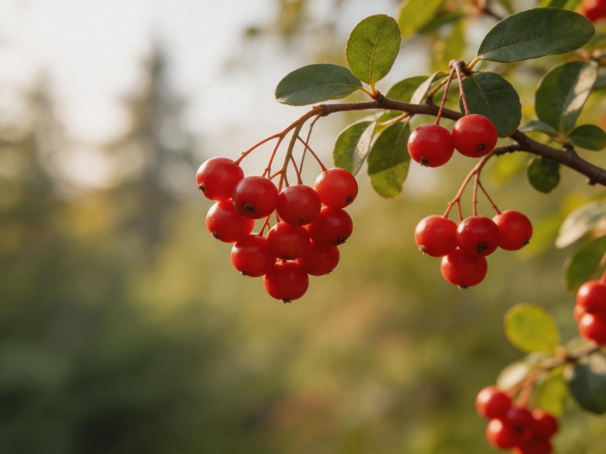 Vibrant red berry clusters hang from dark brown branches with glossy green leaves