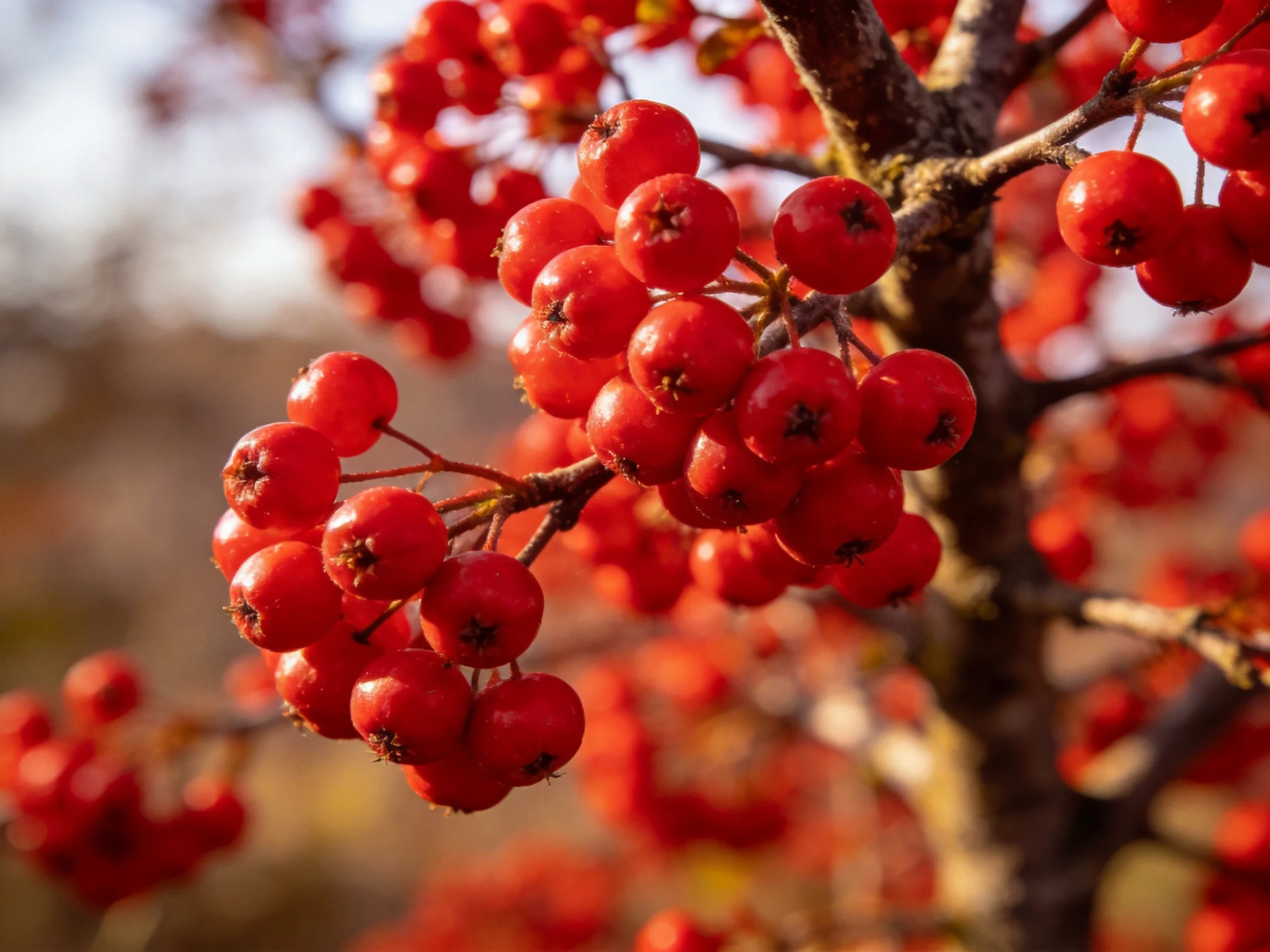 Vibrant red berry clusters hang from gnarled tree branches