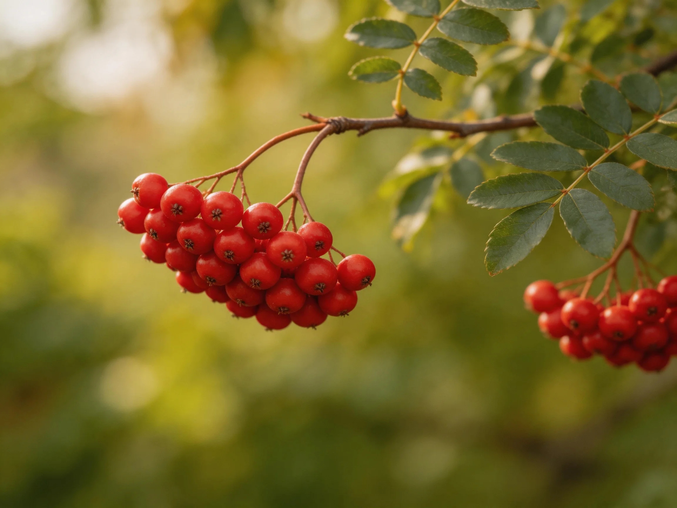 Vibrant red berry clusters hang from slender branches with glossy green leaves