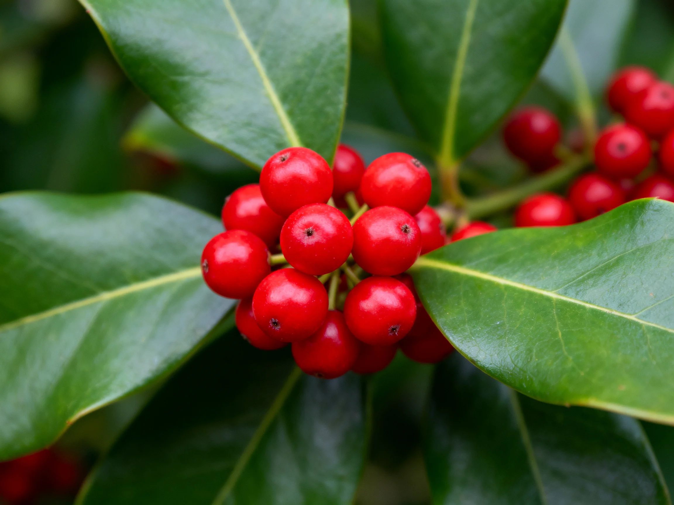 Vibrant red berry clusters nestled among glossy green foliage