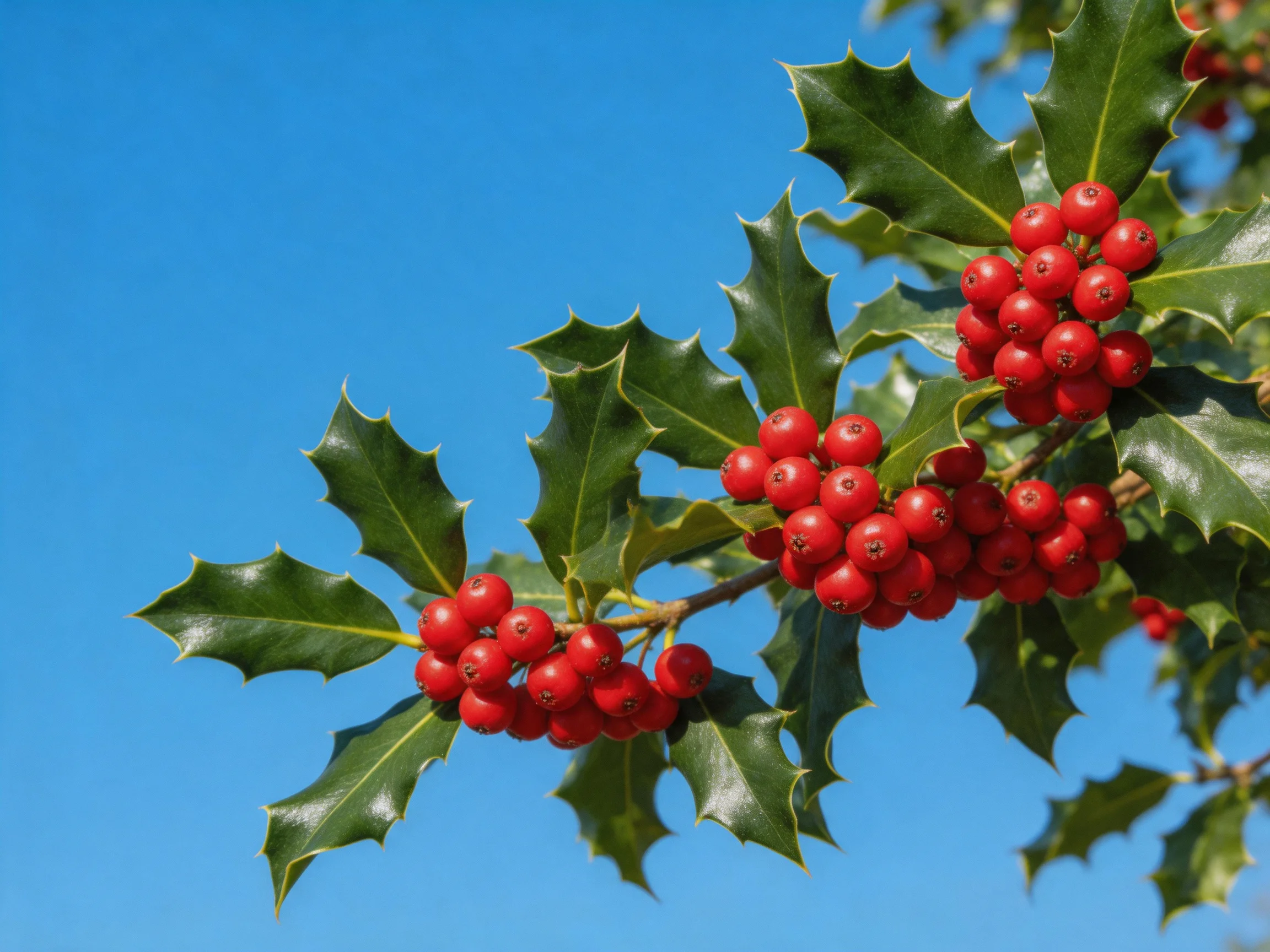 Vibrant red berry clusters on glossy holly leaves against a clear blue sky
