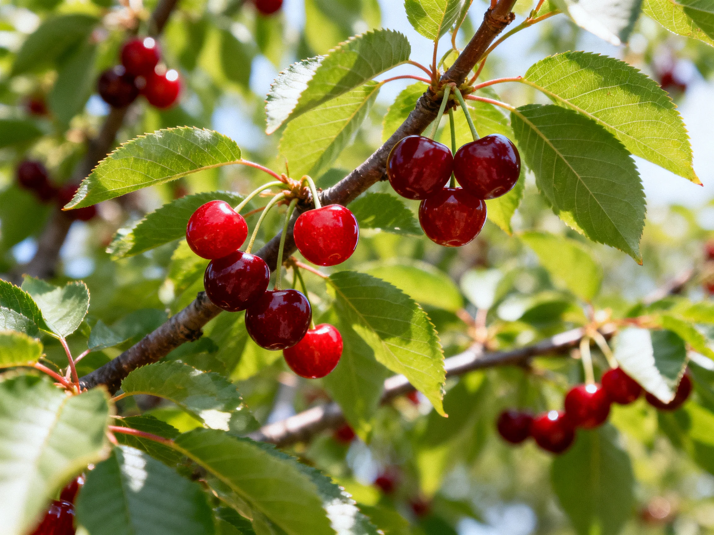 Vibrant red cherries cluster among lush green leaves on a sunny day