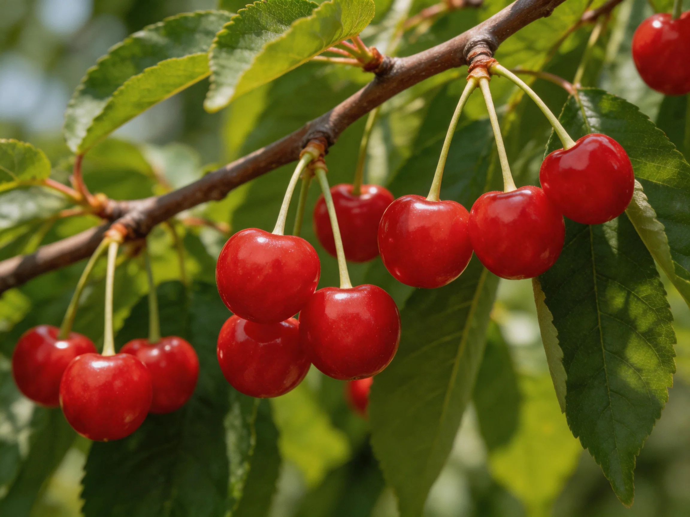 Vibrant red cherries cluster densely on a cherry tree branch