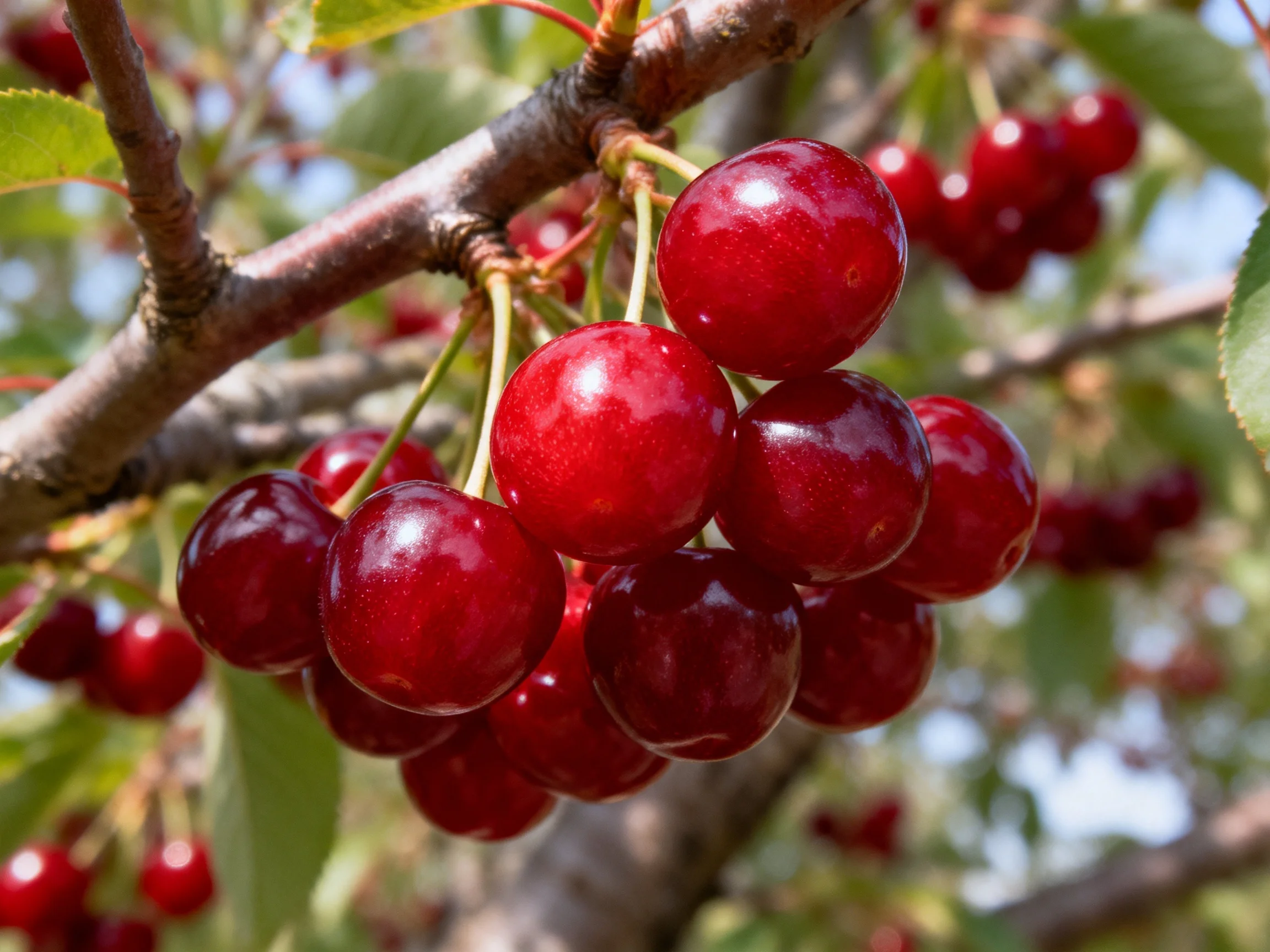Vibrant red cherries densely clustered on a cherry tree branch