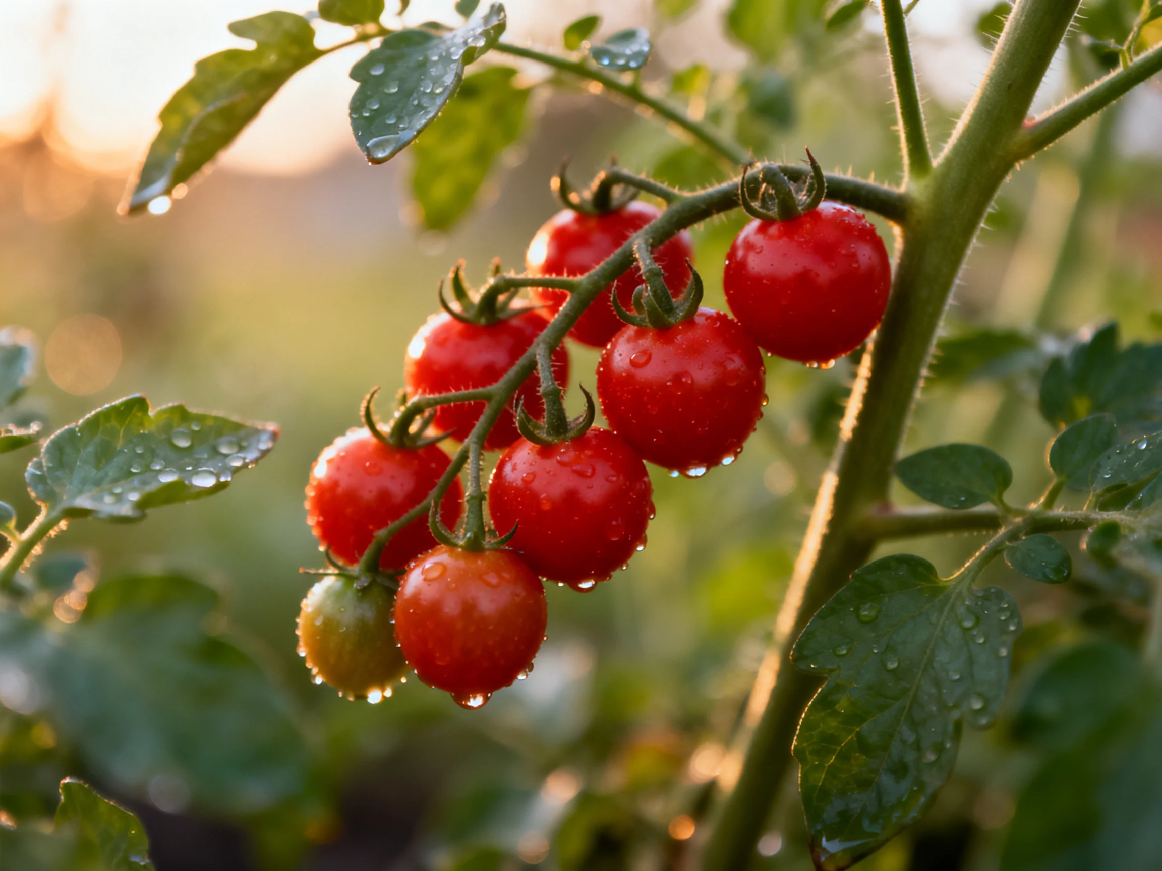 Vibrant red cherry tomatoes cluster on a vine with dewy green leaves
